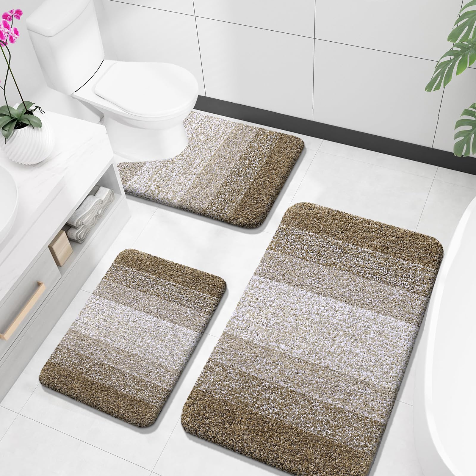 OLANLY Bathroom Rugs Sets 3 Piece, Soft Absorbent Microfiber Bath Mats and U-Shaped Contour Toilet Rug, Machine Wash Dry, Plush Shaggy Bath Mat Set for Bathroom (30"x20"+24"x16"+24"x20", Grey)