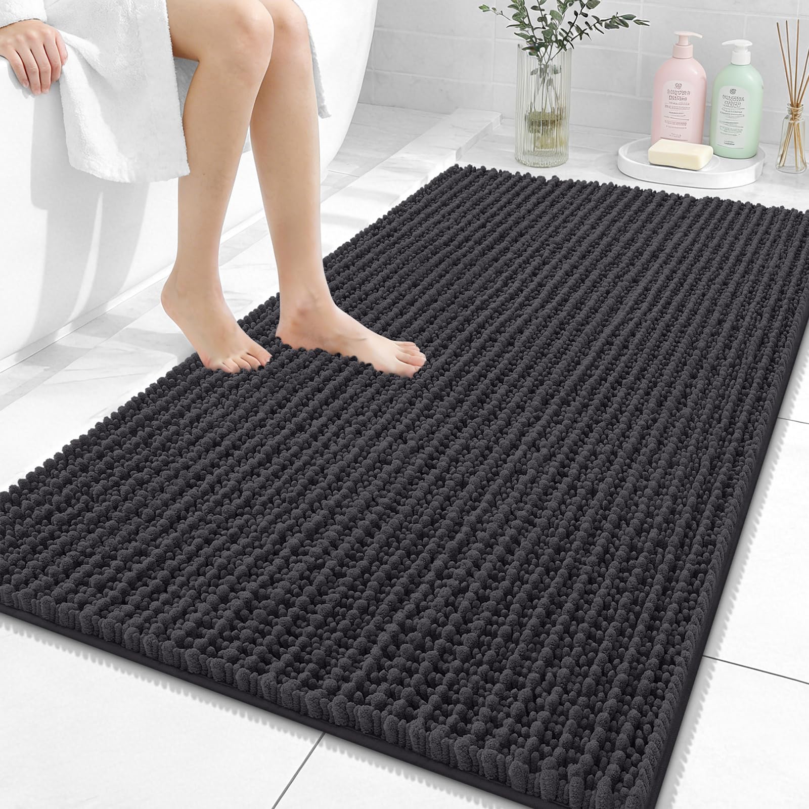 OLANLY Bathroom Rug Mat 30x20, Thick Soft and Absorbent Chenille Bath Mat, Non-Slip Rubber Backing, Machine Washable Quick Dry Bath Rugs for Tub Shower Floor, Home Decor Accessories, Grey