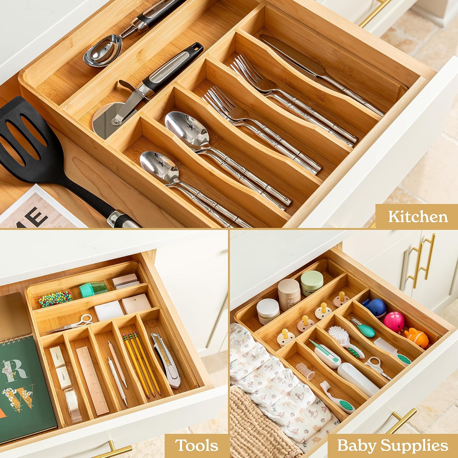 SMIRLY Ultimate Kitchen Drawer Organizer Bundle: The Perfect Pair of Expandable & Compact Drawer Organizers