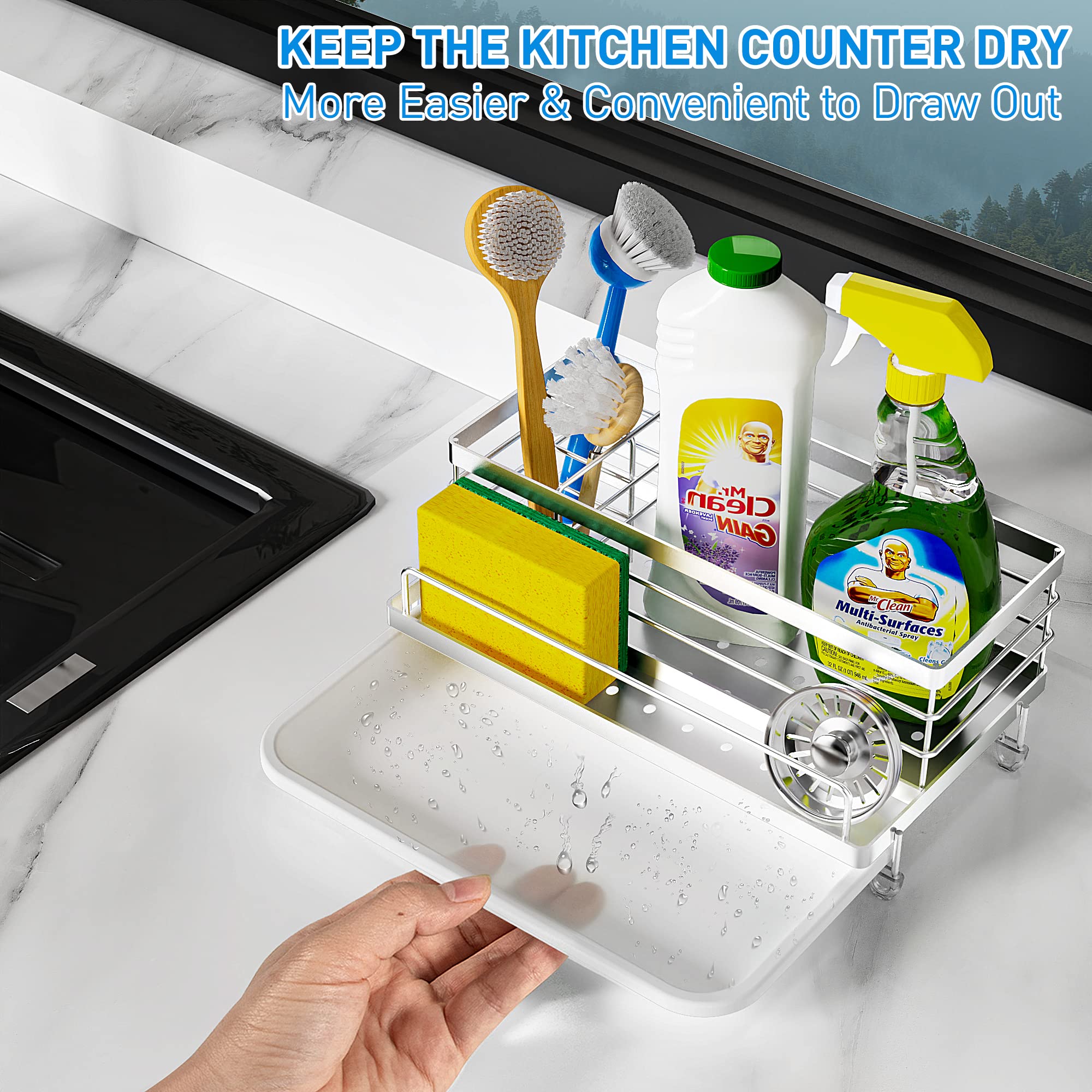 Cisily Black Sponge Holder for Kitchen, Sink Caddy Sink Organizer Rack for Kitchen Accessories with Drip Tray, Rustproof and Non-slip, Soap Dispenser Countertop Organizer Essentials for New Home