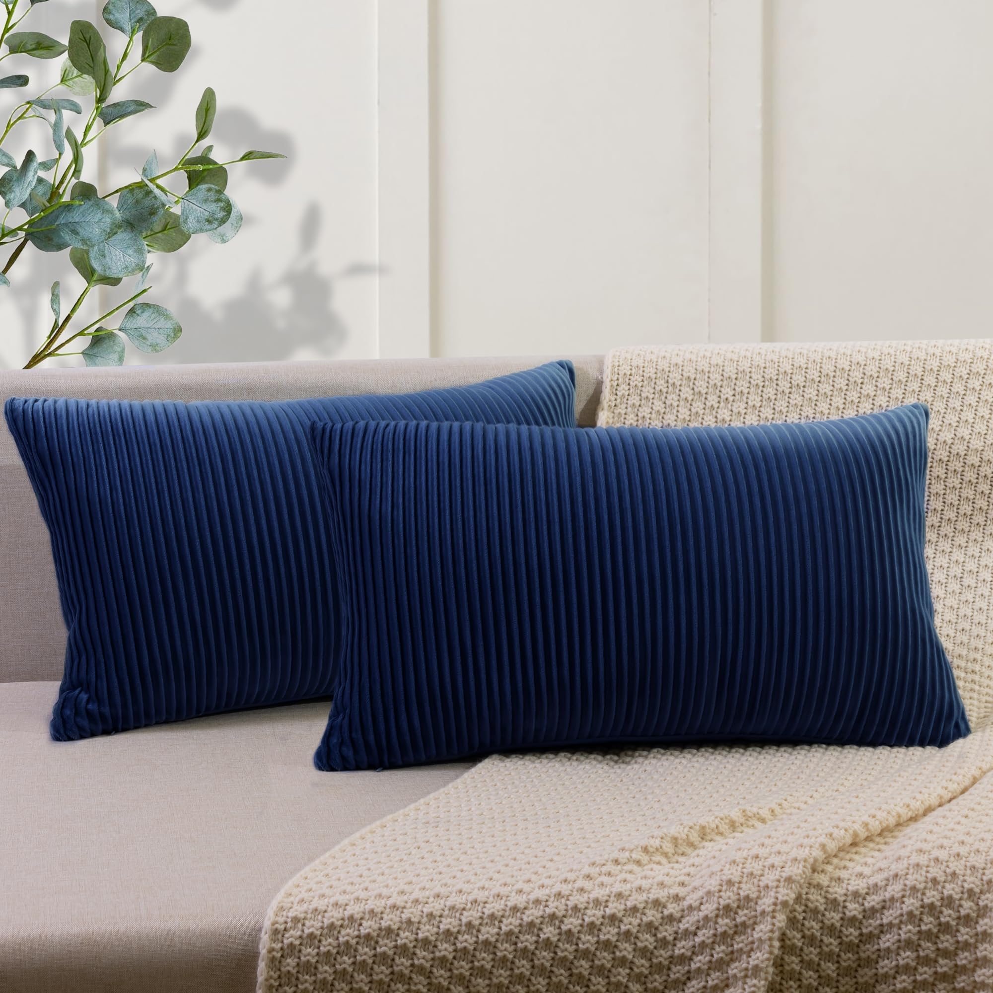 YCOLL Navy Blue Pillow Covers 18x18 Set of 2 Velvet Striped Pattern - Soft Throw Pillows for Home Decor, Luxury Decorative Pillow Covers for Couch, Bed,Living Room
