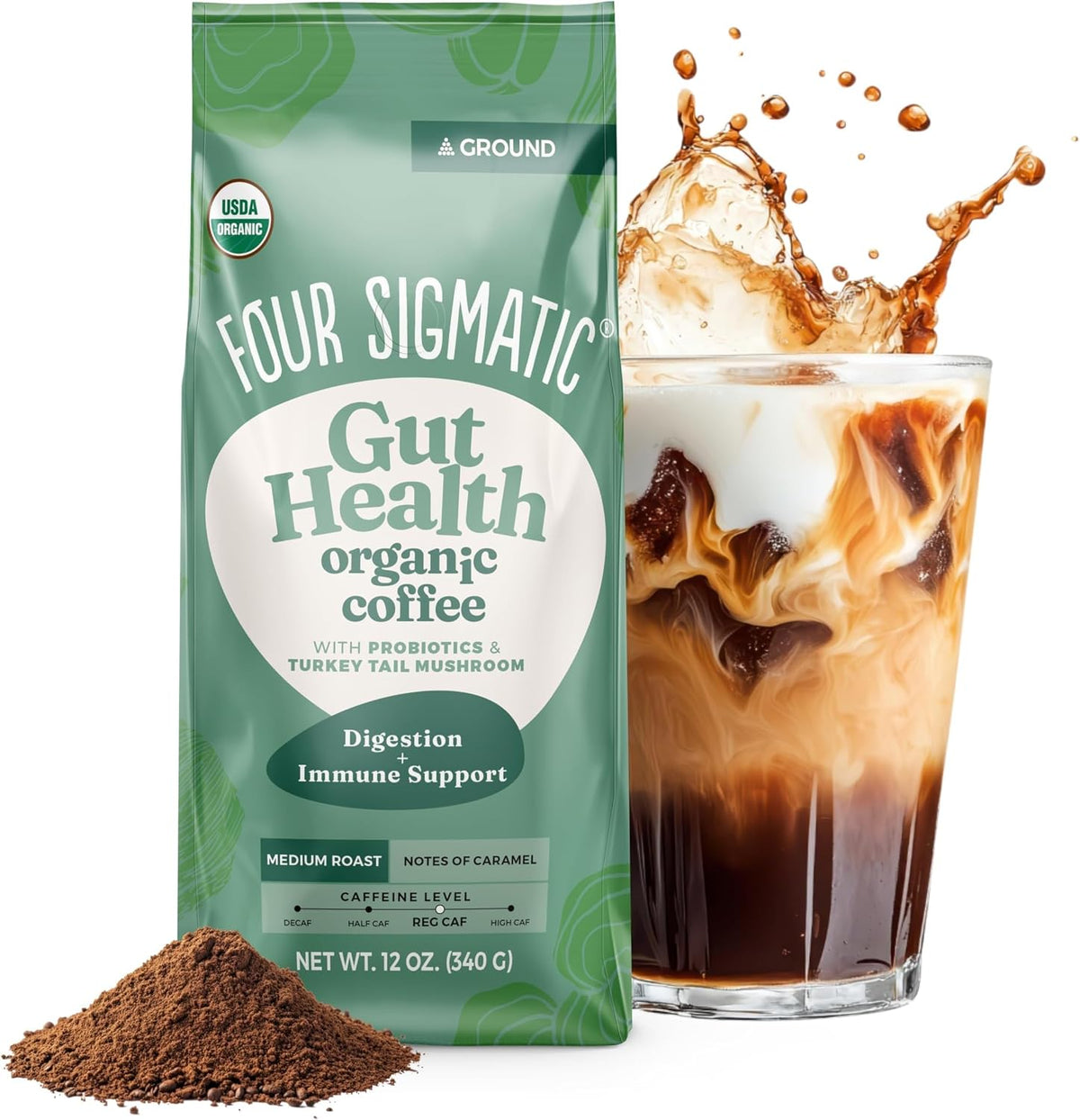 Four Sigmatic Gut Health Organic Ground Coffee | Medium Roast, Immune Boosting Probiotic Mushroom Coffee with Chaga & Turkey Tail for Gut Health & Immune Support | 12oz Bag