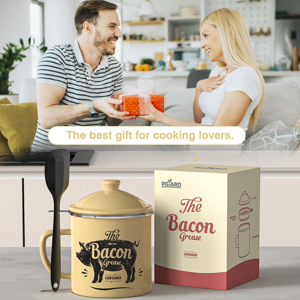 PGYARD Mini Bacon Grease Container With Strainer - 15OZ Enamel Grease Saver, Farmhouse Bacon Grease Keeper For Kitchen Fat Storage, Dishwasher Safe-Red