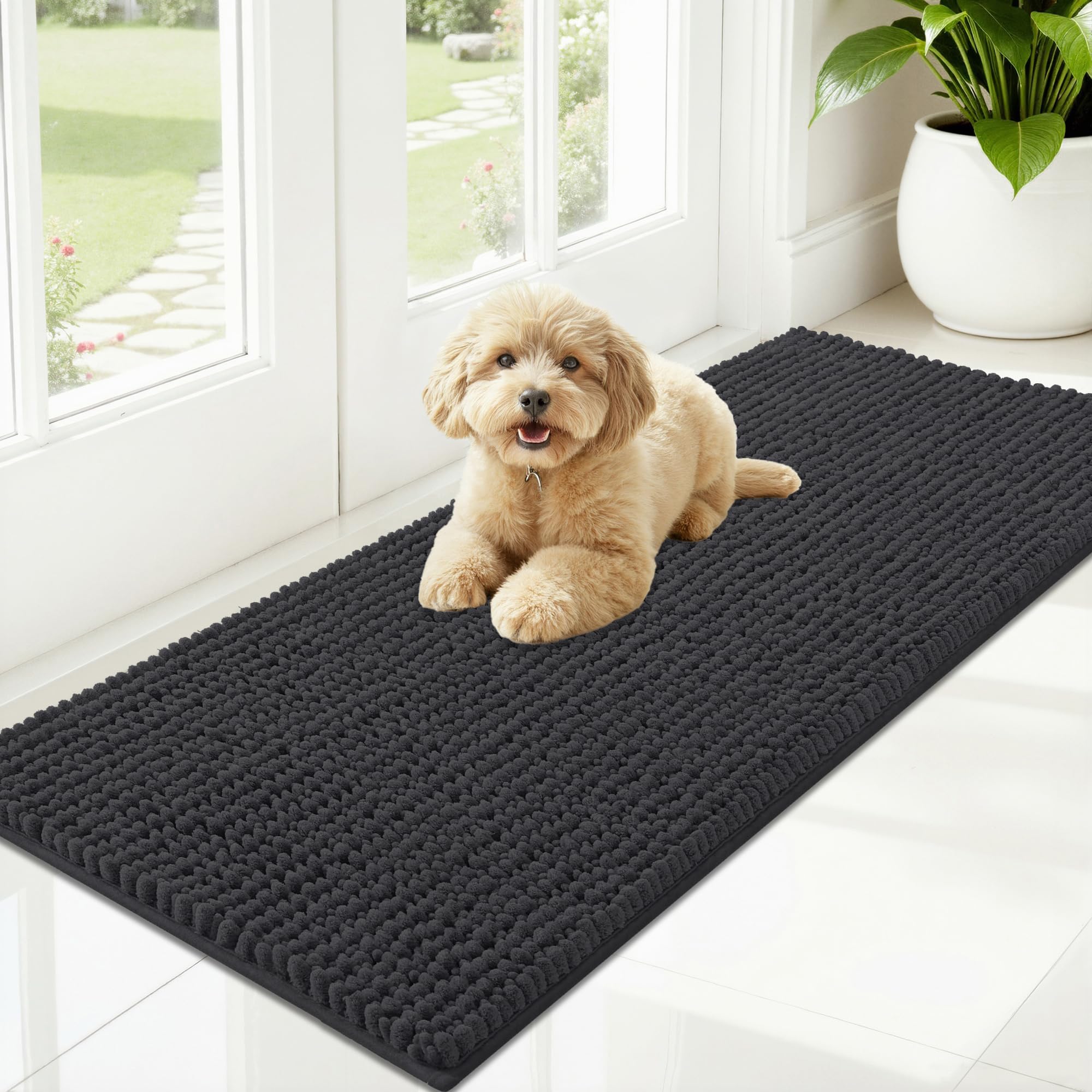 OLANLY Dog Door Mat for Muddy Paws 30x20, Ultra Absorbent Chenille Mud Doormat, Non-Slip Washable and Dirt Trapping Doormat for Indoor Entryway, Quick-Dry Indoor Pet Bed Mats for Dogs, Grey