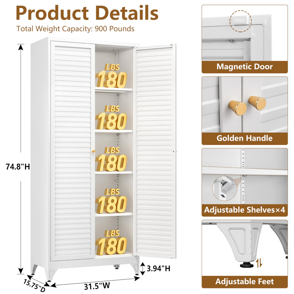 Polup White Kitchen Pantry Cabinet, 71 Inch Tall Metal Storage Cabinet with Doors and Shelves, Pantry Cabinets for Kitchen Storage, Freestanding Cupboard for Living, Dining Room, Assemble Required