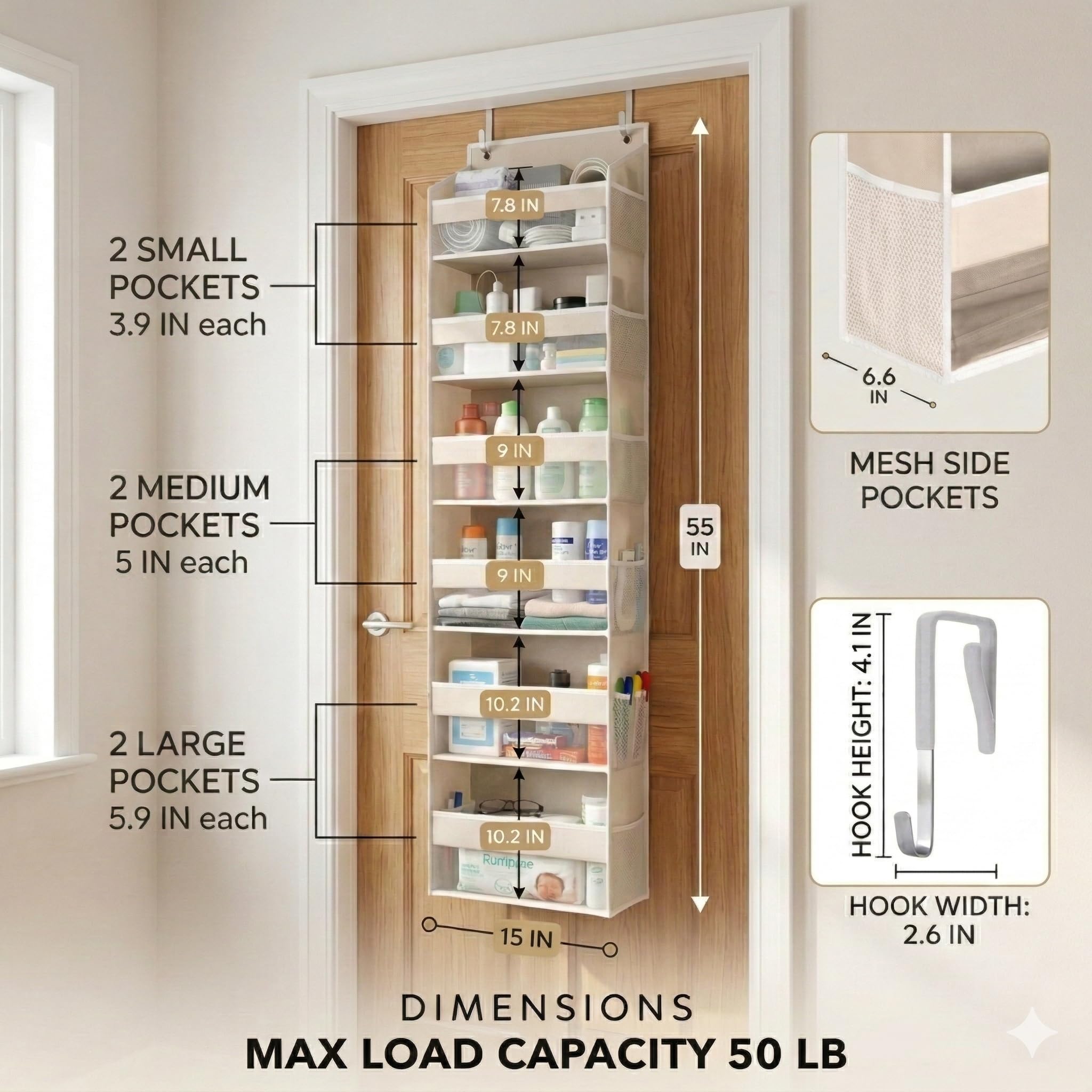 HOMELUX THEORY UPGRADED 6 Tiers Over The Door Organizer Hanging - 100D EXTRA THICK & 50lbs HUGE CAPACITY, 12 Side Mesh Pockets Over The Door Shoe Organizer, Hanging Closet Organizer (Ivory, 1pc)