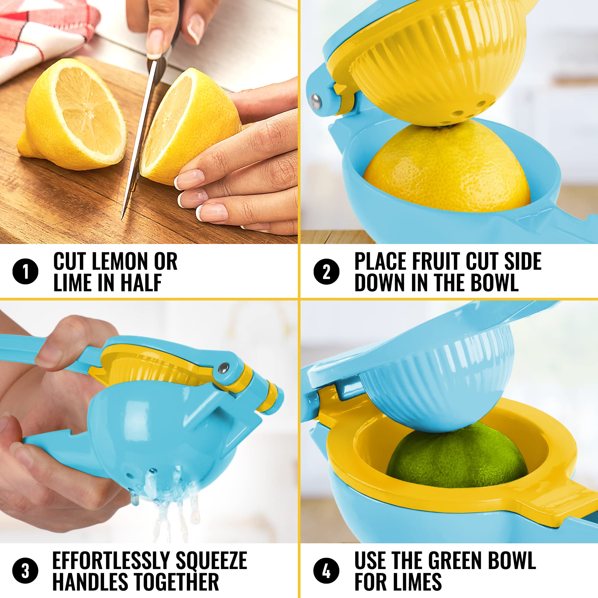 Zulay Kitchen Metal 2-in-1 Lemon Squeezer - Sturdy Max Extraction Hand Juicer Lemon Squeezer Gets Every Last Drop - Easy to Clean Manual Citrus Juicer - Easy-Use Lemon Juicer Squeezer - Yellow/Green