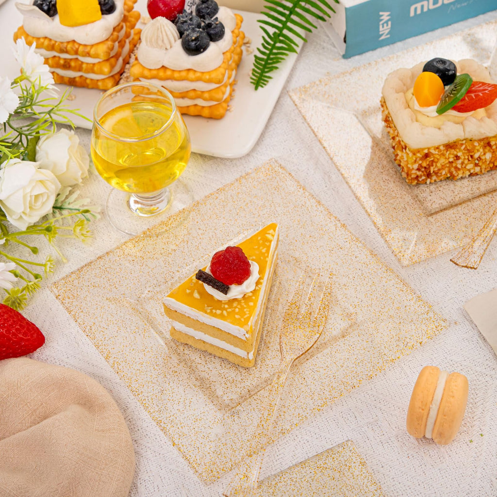 DaYammi 200Pcs Gold Dessert Plates Including 100Pcs Appetizer Plates 6",100Pcs Plastic Forks 5.7",Gold Glitter Plastic Square Plate for Party,Gold Salad Plate and Cake Forks for Party Wedding