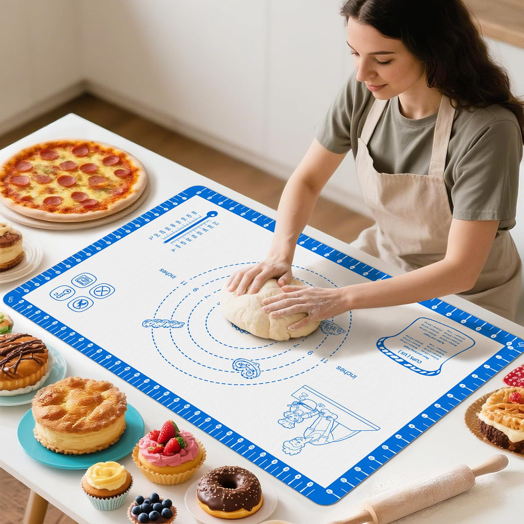 Silicone Baking Mat with Recipes, Extra Thick Silicone Mats for Baking, Non Stick Pastry Mat for Rolling Dough, Silicone Macaron Baking Mat for Cookie,Bread,Pizza,Fondant Mat, Oven&Dishwasher Safe