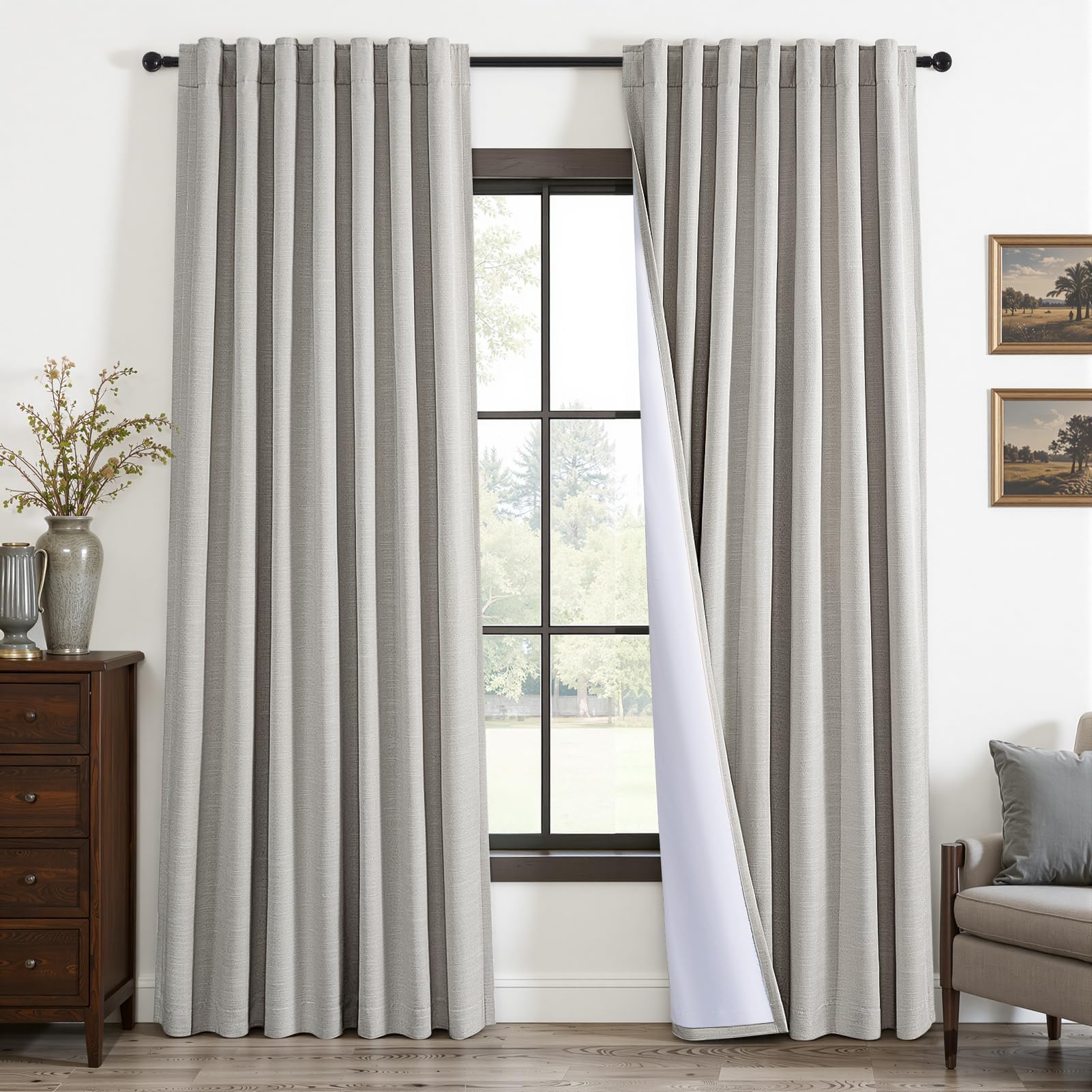 Topfinel 84 Inch Long Natural Blackout Curtains for Bedroom Livingroom, Farmhouse Back Tab Pinch Pleated Drapes for Track System,Neutral Linen Ambiance & Privacy Drapes Natural 52" W*84" L