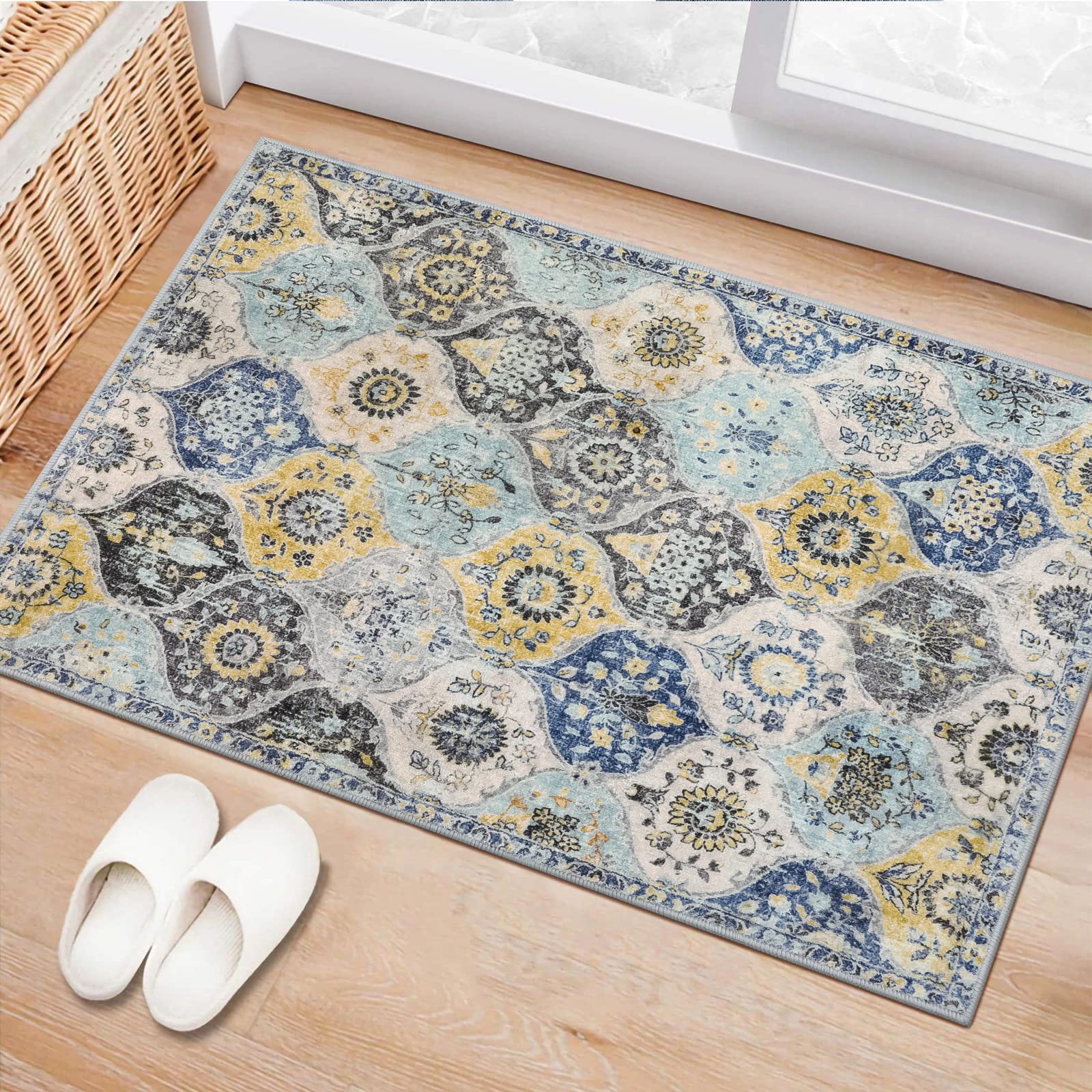 Lahome Moroccan Trellis Washable Rug, 2x3 Kitchen Rugs for Entryway Bathroom, Non-Slip Indoor Door Mat Ultra-Thin, Small Oriental Throw Carpet for Bedroom Entry Elise, Cream/Multi