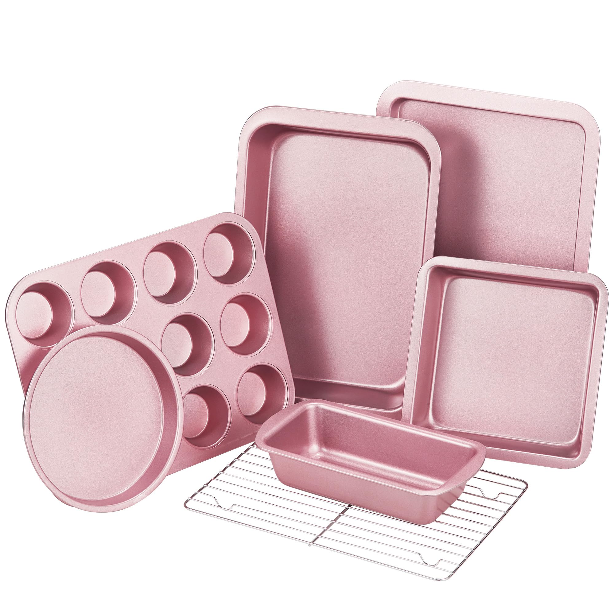KITESSENSU Baking Pans Sets, Nonstick Bakeware Sets 7-Piece with Round/Square Cake Pan, Loaf Pan, Muffin Pan, Cookie Sheet, Roast Pan, Cooling Rack, Carbon Steel Bake Set