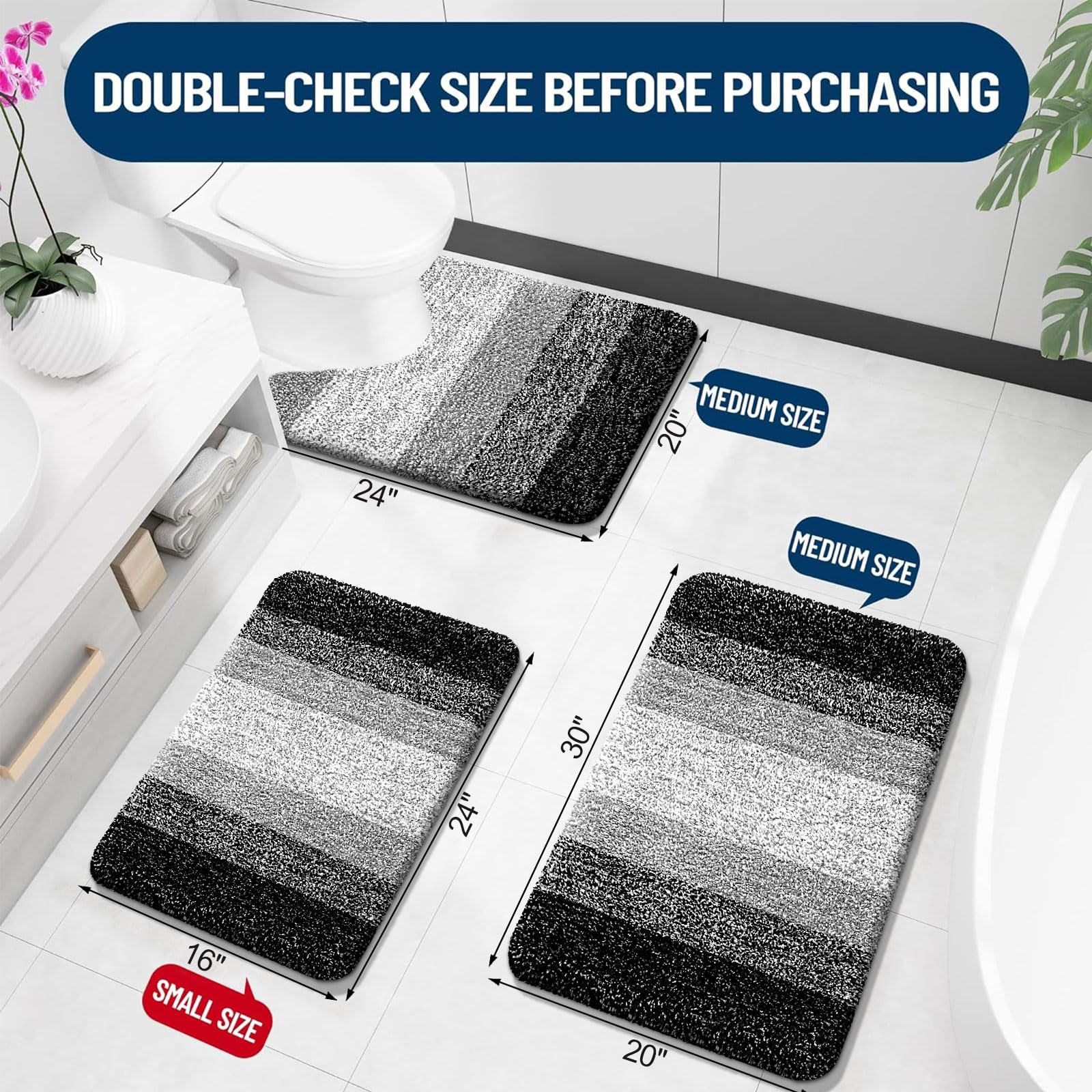 OLANLY Bathroom Rugs Sets 3 Piece, Soft Absorbent Microfiber Bath Mats and U-Shaped Contour Toilet Rug, Machine Wash Dry, Plush Shaggy Bath Mat Set for Bathroom (30"x20"+24"x16"+24"x20", Grey)
