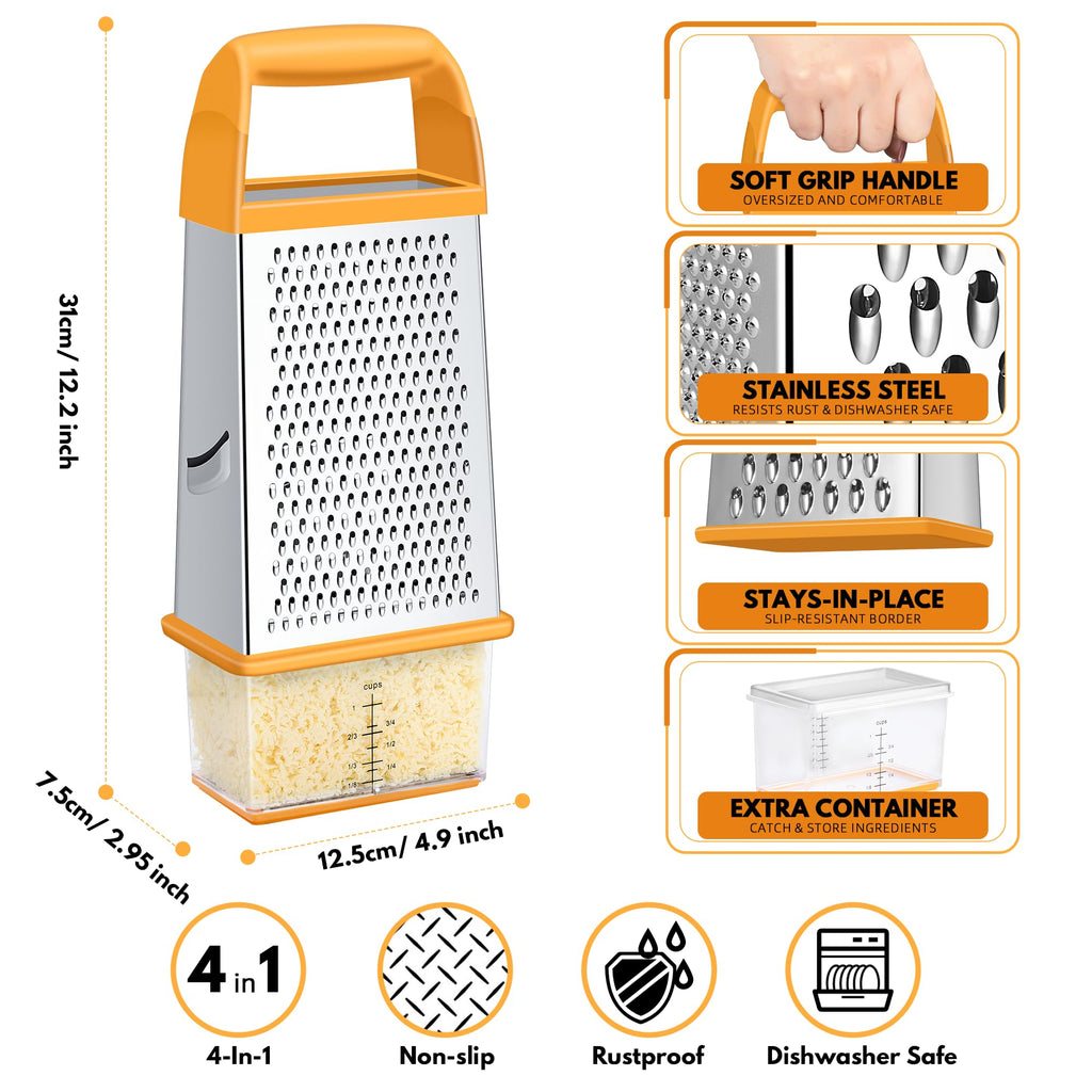 Urbanstrive Cheese Grater With Container Box Grater Stainless Steel Graters for Kitchen Cheese Shredder Parmesan Shredder Kitchen Gadgets Kitchen Tools Kitchen Gifts for Chef Dishwasher Safe Zester