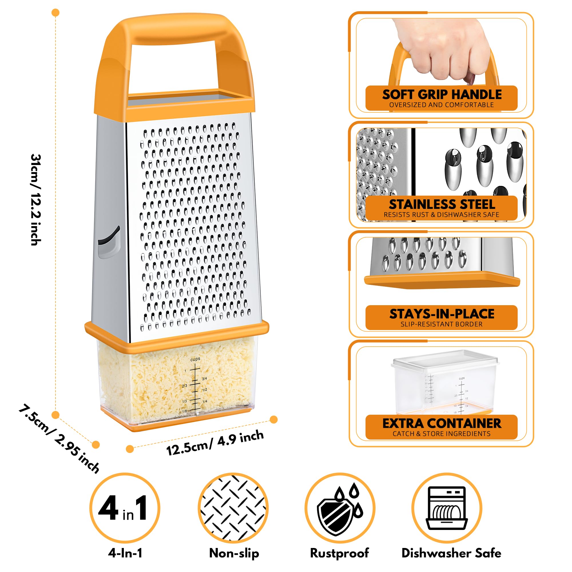 Urbanstrive Cheese Grater With Container Box Grater Stainless Steel Graters for Kitchen Cheese Shredder Parmesan Shredder Kitchen Gadgets Kitchen Tools Kitchen Gifts for Chef Dishwasher Safe Zester