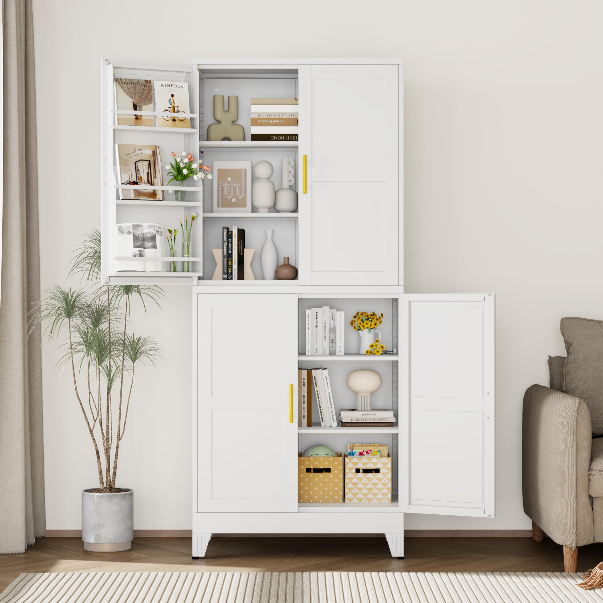 GAIOUS Metal Pantry Cabinet, Kitchen Pantry Storage Cabinets with 2 Door and 3 Adjustable Shelves, White Kitchen Pantry Cabinet, Freestanding Cupboard for Dining Room Living Room Bathroom