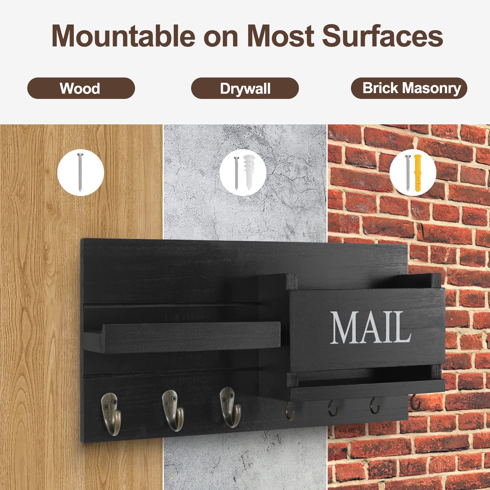 Mail Organizer for Wall Mount – Key Holder with Shelf Includes Letter Holder and Hooks for Hallway Farmhouse Decor – Rustic Wood with Flush Mounting Hardware (16.5” x 9.1” x 3.4”) (White)