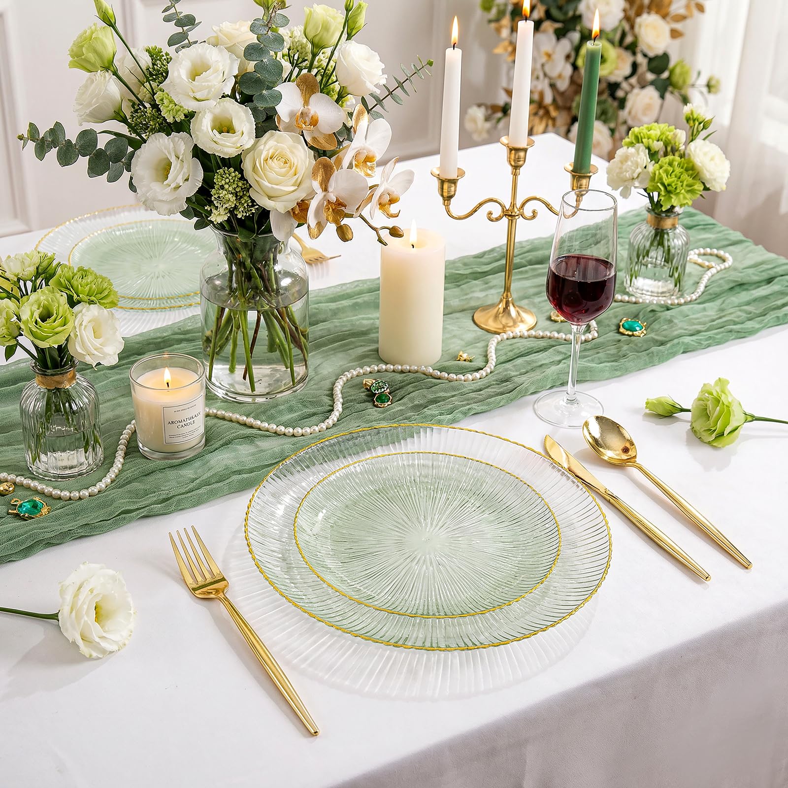 DaYammi 60Pcs Sage Green Plastic Plates with Gold Rim,Disposable Plates Set Includes 30 Dinner Plate & 30 Salad Plate,Fancy Green Party Plates with Radial Texture for Party Wedding Dinner