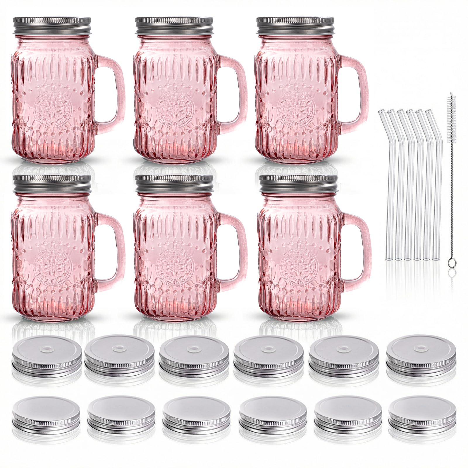 DaYammi Mason Jars with Lids and Straws, 6 Pack 16 Oz Glass Cups for Cold Beverages, Juice, Smoothies, Iced Coffee, Cocktails Leak-Proof Drinking Glasses with Sealed & Straw Lids, Colorful