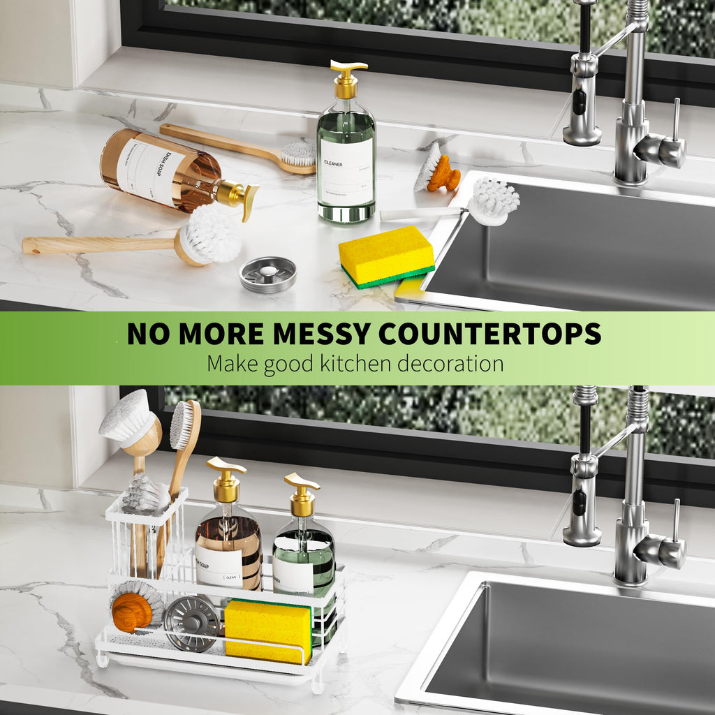 Cisily Large Capacity Kitchen Sink Caddy Organizer, Rustproof Non-Slip Sponge Holder With Dish Brush Holder Organizer, Kitchen Organization and Storage, Essentials Accessories for Countertop