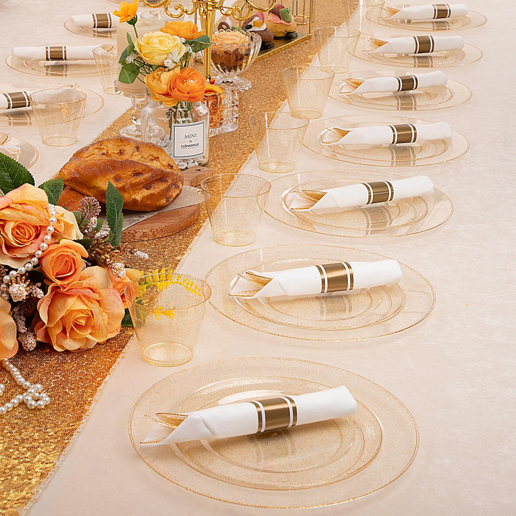 DaYammi 210Pcs White Gold Plastic Plates for Party,Gold Disposable Dinnerware Set Includes 60 gold Floral Plates,30 Plastic Silverware,30 Per Rolled Napkins,30 Cups for Mother's Day Party Wedding