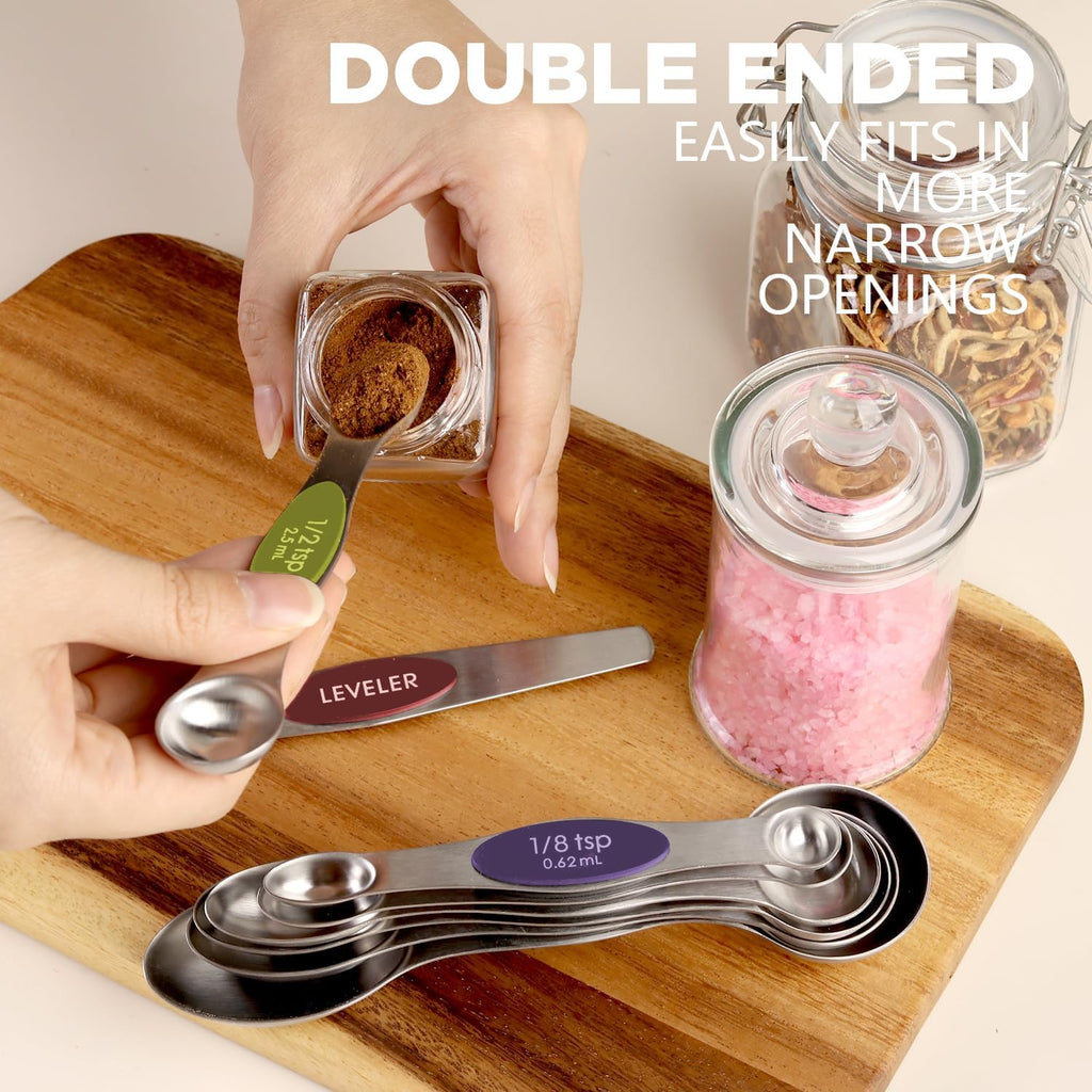 Pack of 8 Stainless Steel Magnetic Measuring Spoons Set, Dual Sided, Stackable, Adjustable Teaspoon and Tablespoon Measure Spoon with Leveler, Kitchen Gadgets