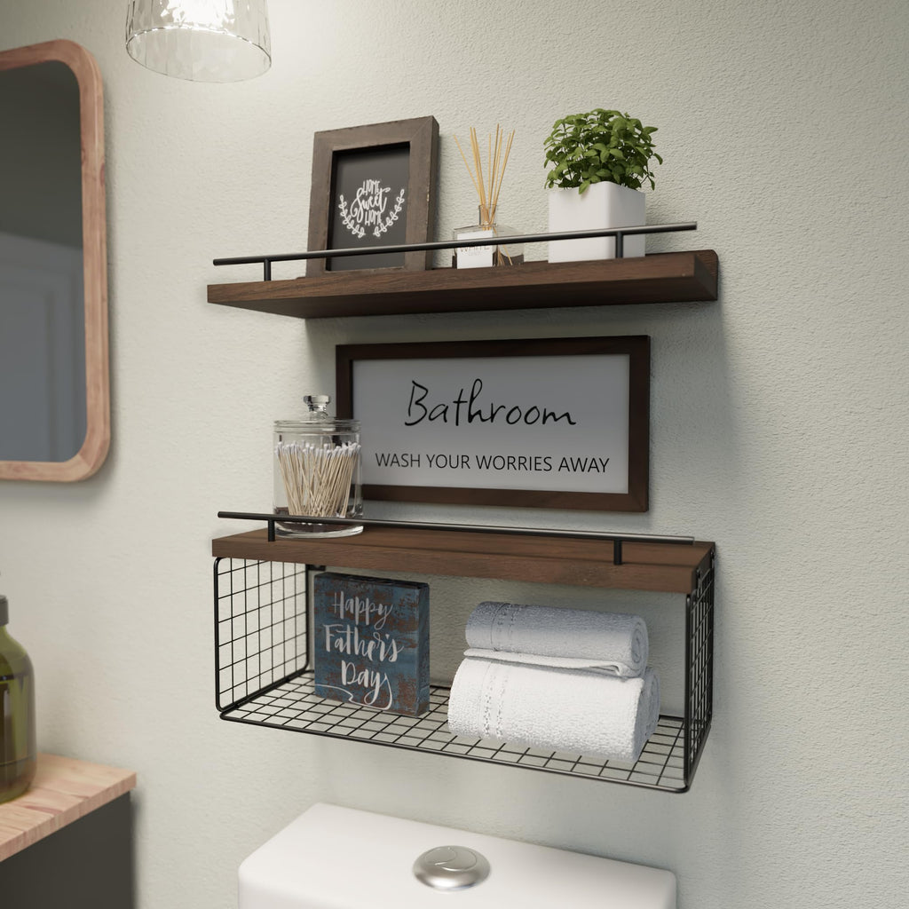WOPITUES Floating Shelves for Wall Decor Sign, Bathroom Organizers and Storage, Bathroom Shelves Over Toilet with Metal Guardrail-Black