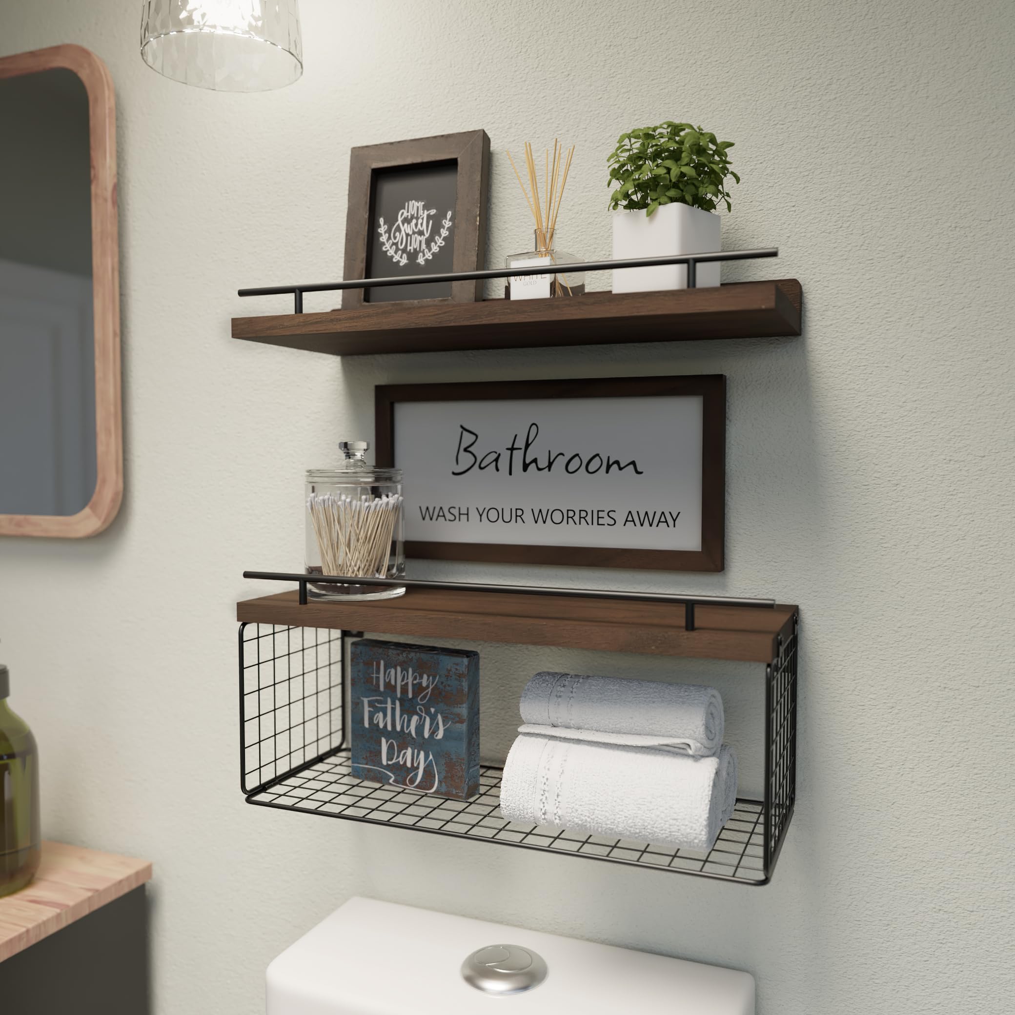 WOPITUES Floating Shelves for Wall Decor Sign, Bathroom Organizers and Storage, Bathroom Shelves Over Toilet with Metal Guardrail-Black