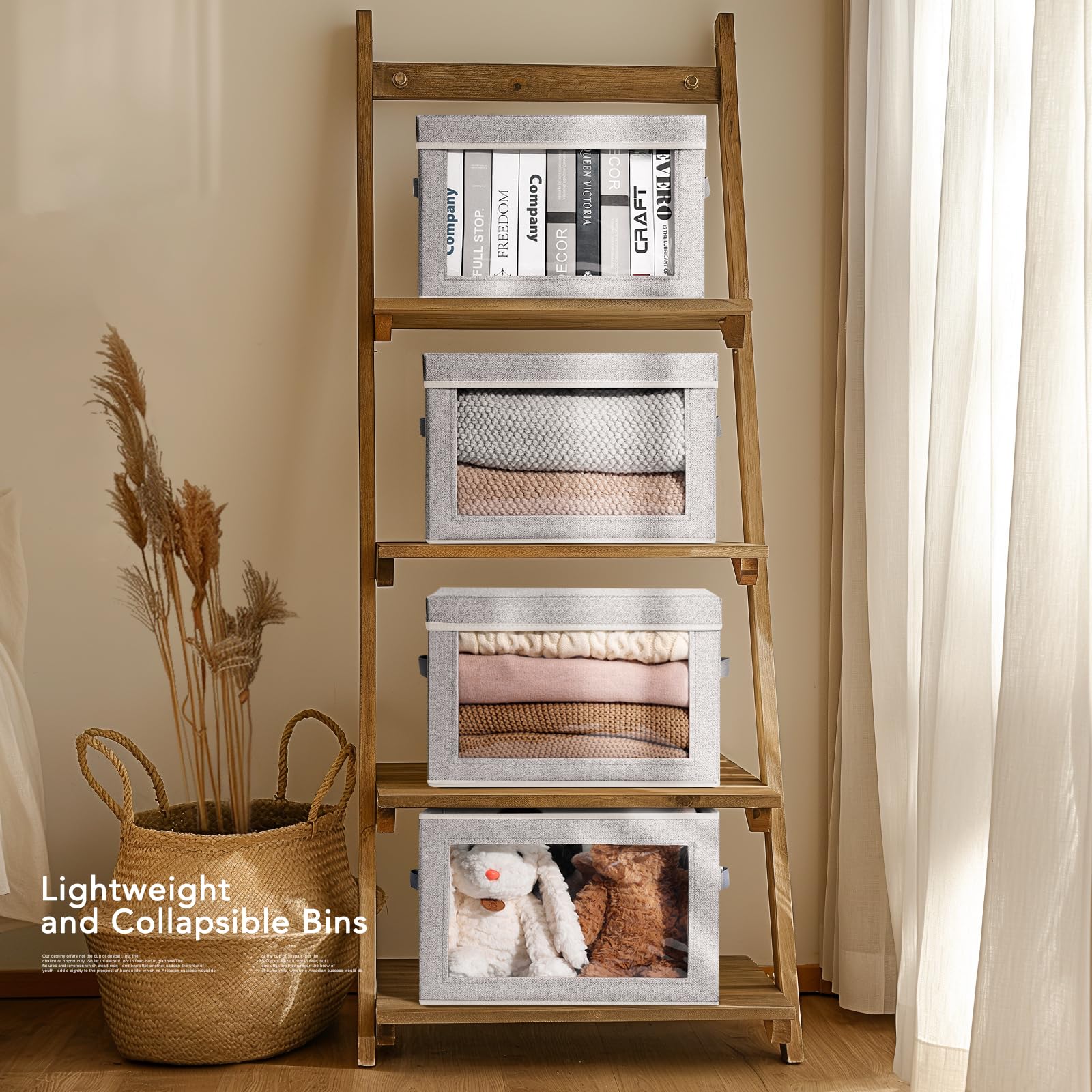 Homsorout Storage Bins with Lids - Fabric Closet Storage Bins with Window, Collapsible Baskets for Shelves 4 Pack, Home Decorative Boxes for Clothes, Closet, Office, Grey