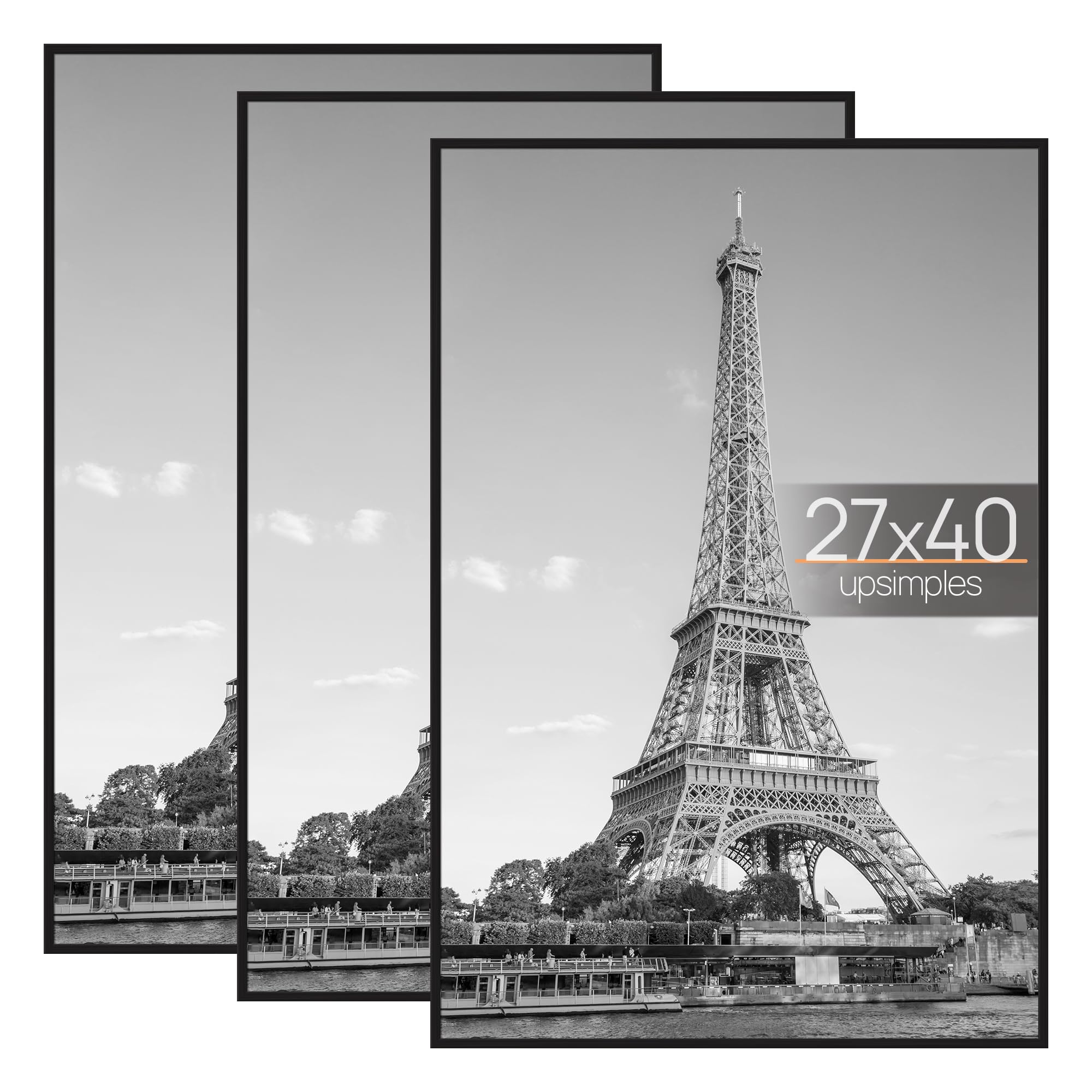 upsimples 12x16 Picture Frame Black 3 Pack, Scratch-Proof Poster Frames 12 x 16 for Photo Gallery - Slide-In Strips, Horizontal or Vertical Wall Mounting