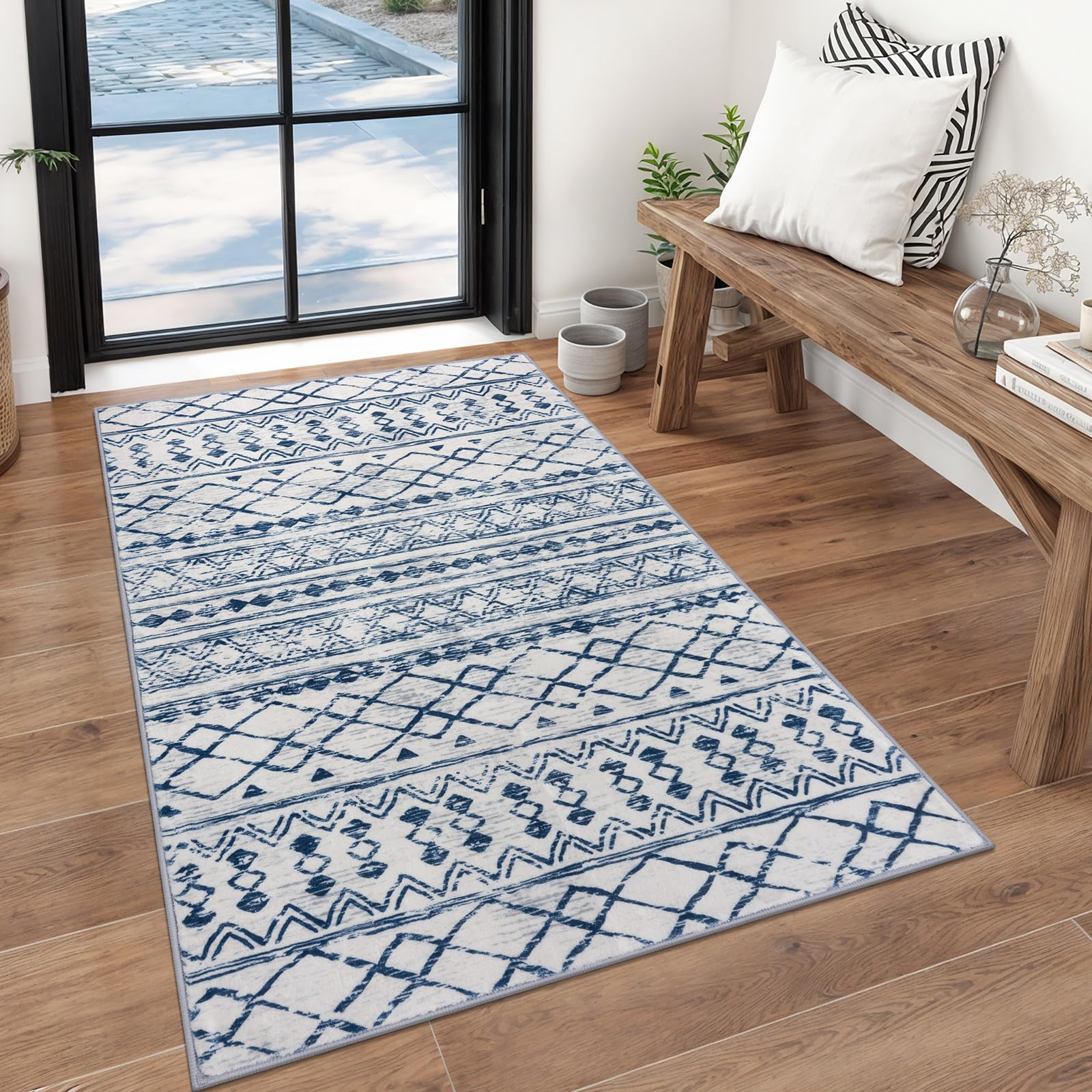 KUTA Washable Non-Slip Rugs for Entryway 2x3, Grey Moroccan Boho Small Area Rug, Ultra Soft Vintage Geometric Low-Pile Indoor Door Mat Floor Carpet for Indoor, Entrance, Kitchen, Bathroom, Bedroom