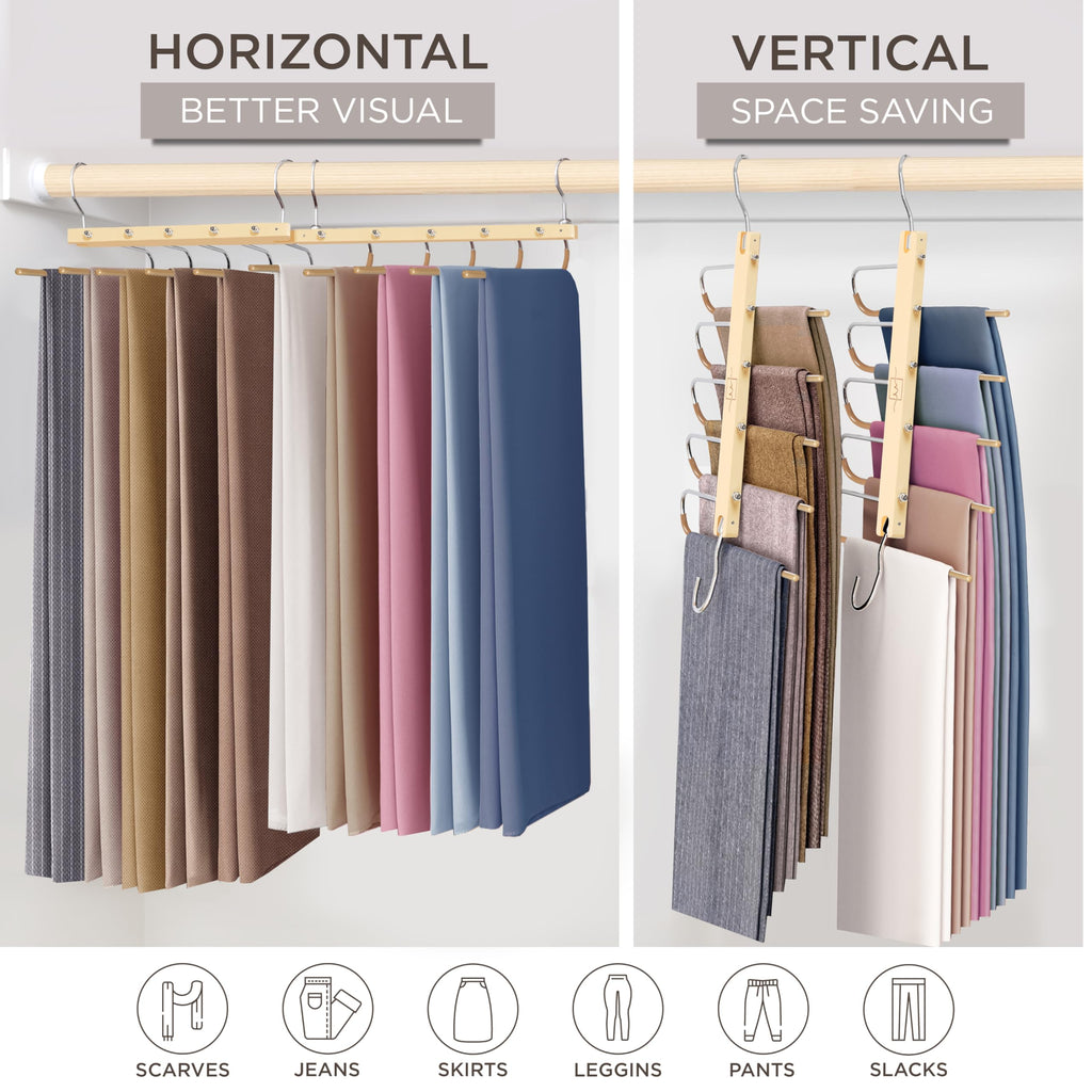 MORALVE Pants Hangers Space Saving - 2 Pack European Beechwood Scarf and Jean Hangers - Closet Organizer and Space Saver Pant Rack, Leggings Hanger, and Scarf Holder with 360° Swivel Hook