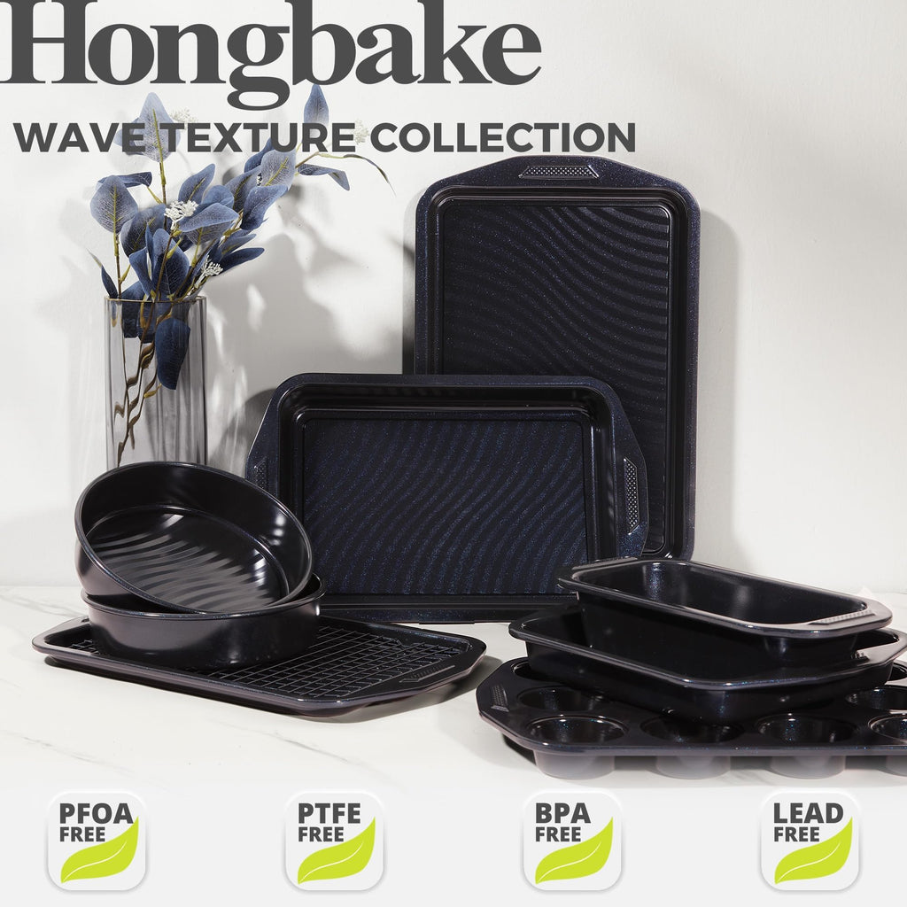 HONGBAKE 9-Piece Non Stick Baking Pans Set with Wave Texture for Reduced Oil, 0.8mm Thick Non Toxic Bakeware Sets, Includes Stackable Cookie Sheets for Oven Cooking, Cake Pan, Muffin Pan, Gold