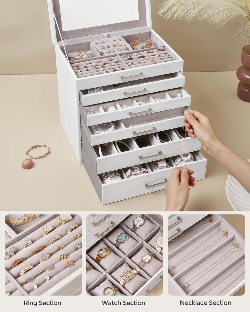 SONGMICS 3-Tier Jewelry Box, Travel Jewelry Case with Handle, 2 Drawers, Lockable Jewelry Organizer with Mirror, Jewelry Storage, Modern Style, Gift for Loved Ones, White UJBC154W01