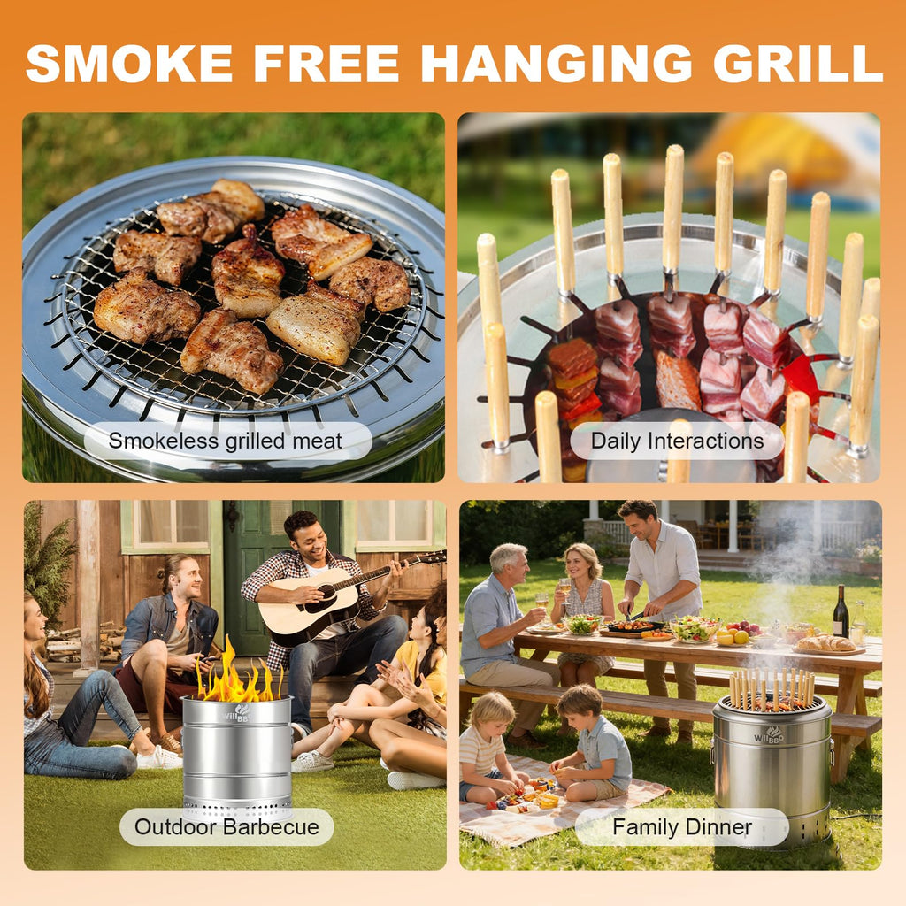 WILLBBQ Large Hanging Charcoal Grills, 360° Barrel Smoker, Stainless Steel Double-Wall Insulated, Portable for Outdoor Camping Patio (Bright Silver)
