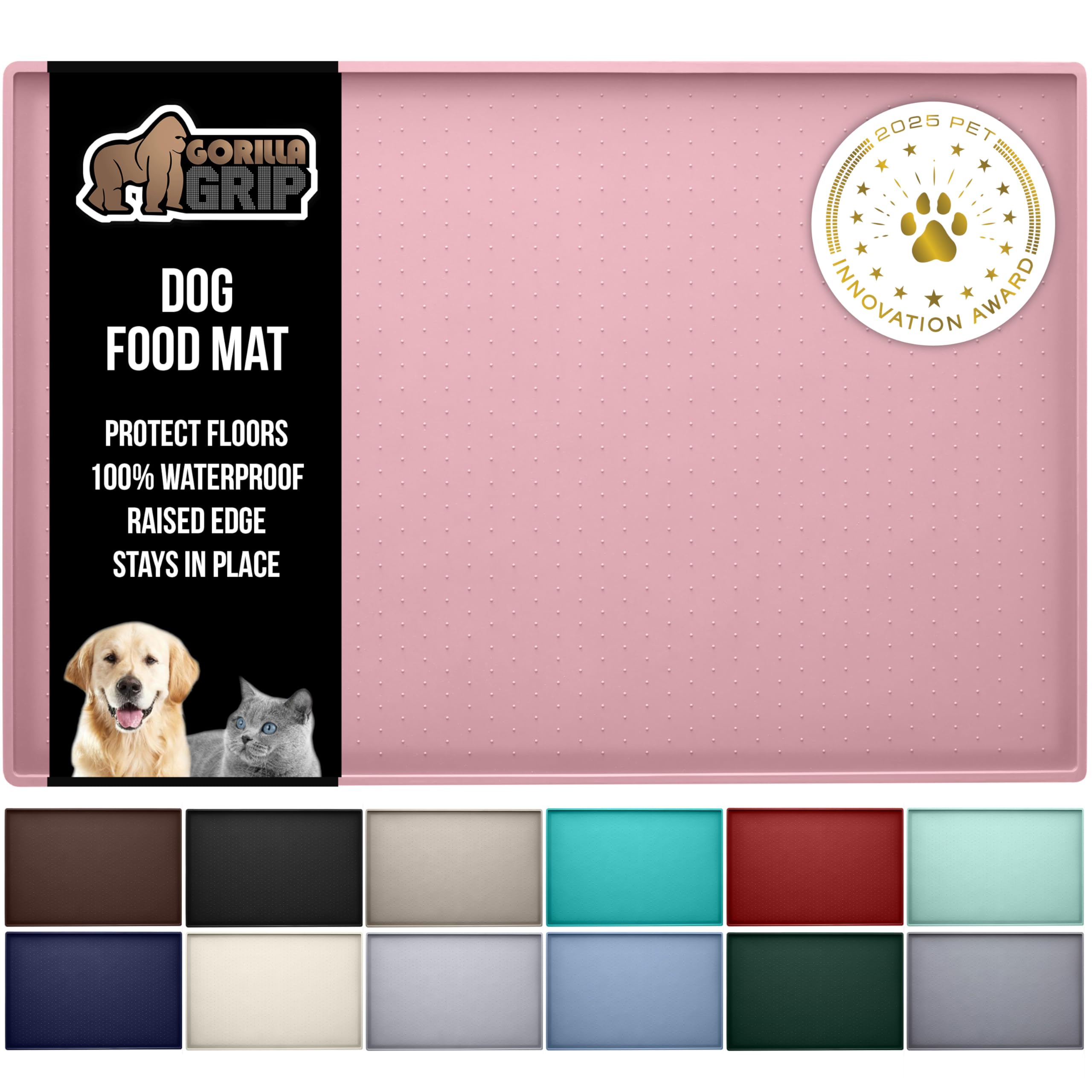 GORILLA GRIP 100% Waterproof Raised Edge BPA Free Silicone Pet Feeding Mat, Dog Cat Food Mats Contain Spills Protects Floors, Placemats for Cats and Dogs Water Bowl, Pets Accessories 18.5x11.5 Gray