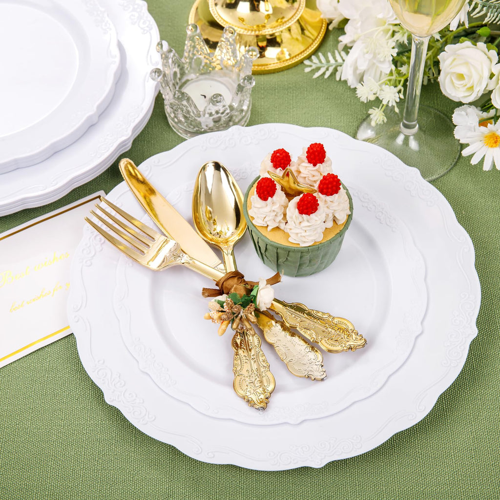 DaYammi 150Pcs Ivory Plastic Plates with Gold Rim,Disposable Plastic Plates Include 30 Dinner Plate,30 Salad Plate,30 Forks,30 Spoons,30 Knives,Ivory and Gold Plates for Party,Wedding,Mother's Day