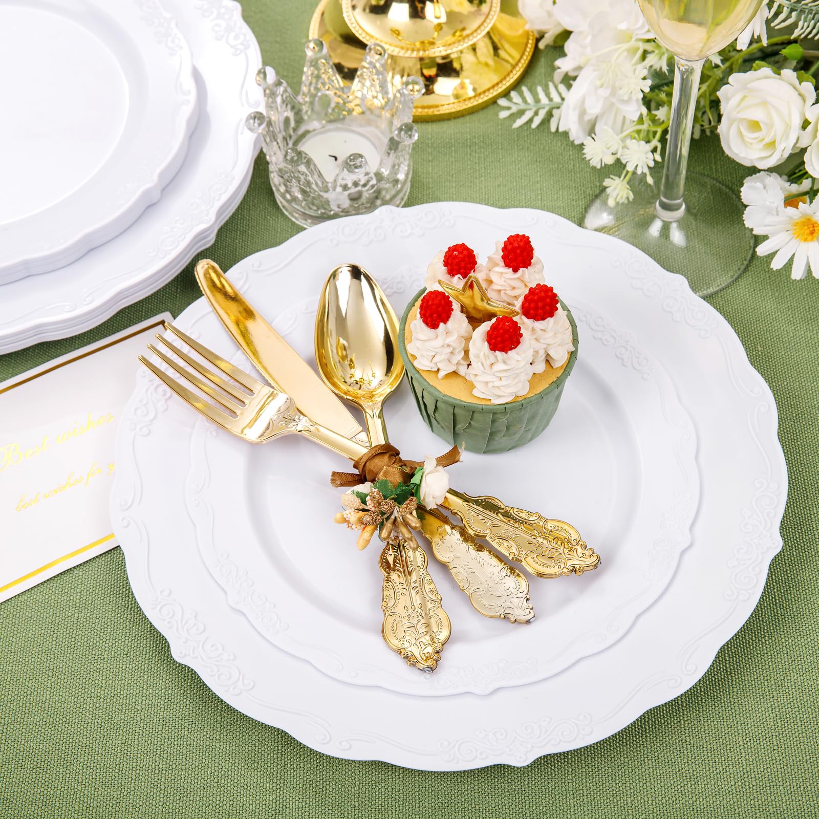 DaYammi 150Pcs Ivory Plastic Plates with Gold Rim,Disposable Plastic Plates Include 30 Dinner Plate,30 Salad Plate,30 Forks,30 Spoons,30 Knives,Ivory and Gold Plates for Party,Wedding,Mother's Day