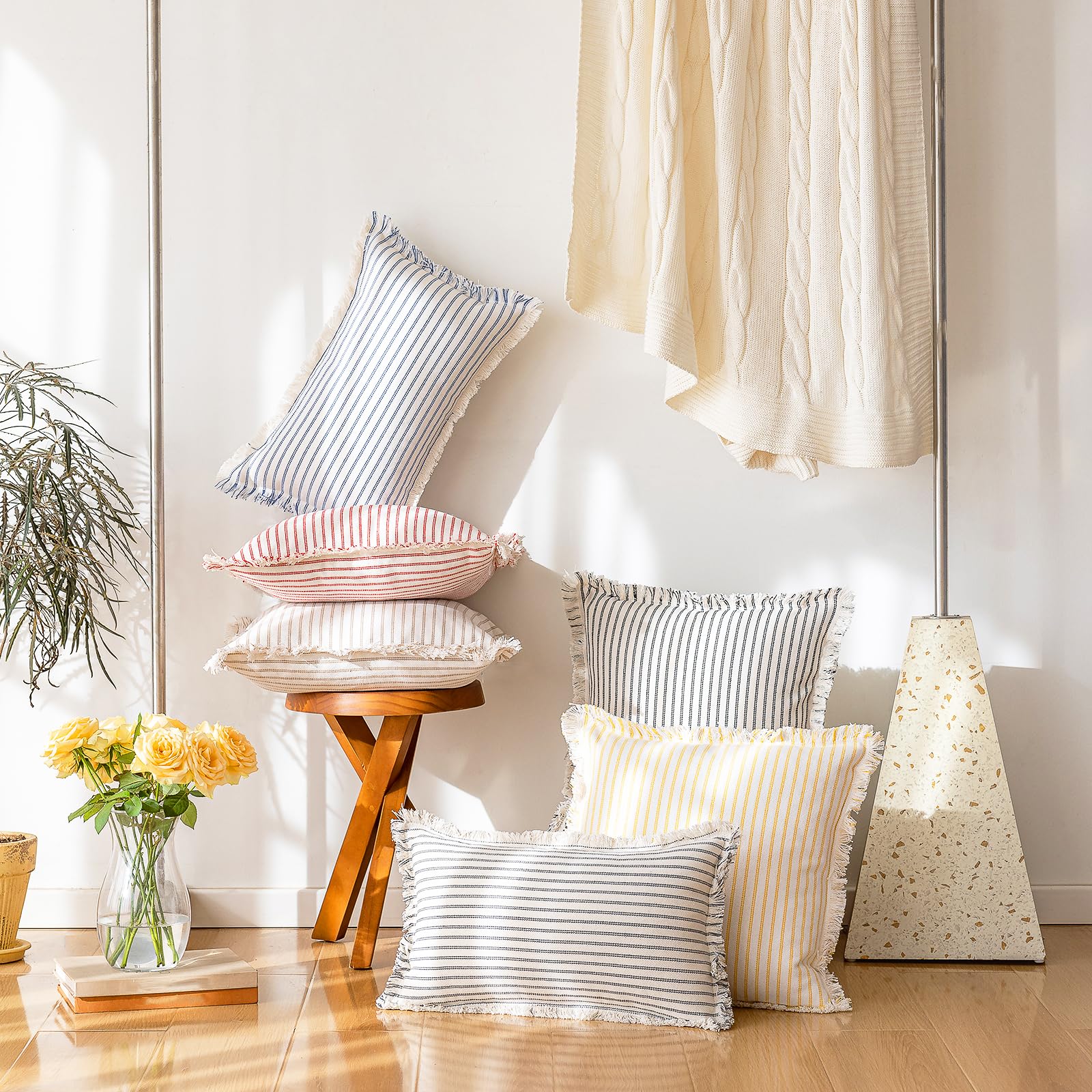 YEENAASY Throw Pillow Covers 20x20 Set of 2 Striped Fringe Pillow Cover Farmhouse Cushion Covers with Tassel Neutral Boho Pillows Decorative Square Pillowcase for Couch Sofa Bed, Black