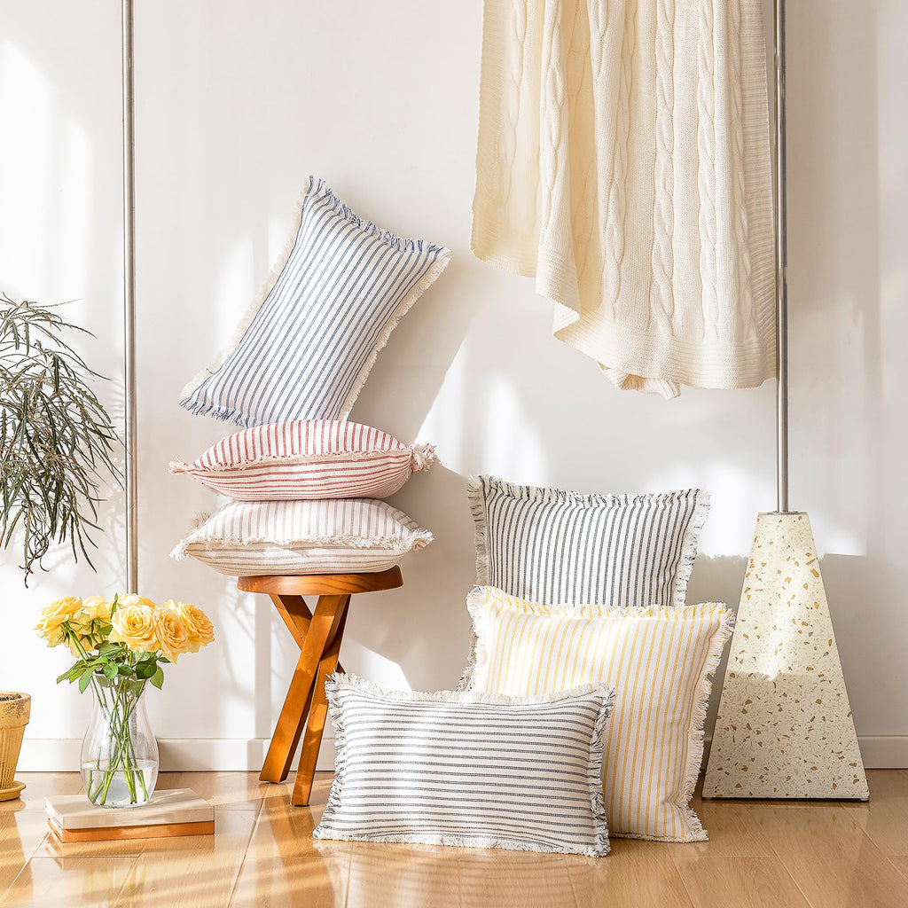 YEENAASY Throw Pillow Covers 20x20 Set of 2 Striped Fringe Pillow Cover Farmhouse Cushion Covers with Tassel Neutral Boho Pillows Decorative Square Pillowcase for Couch Sofa Bed, Black
