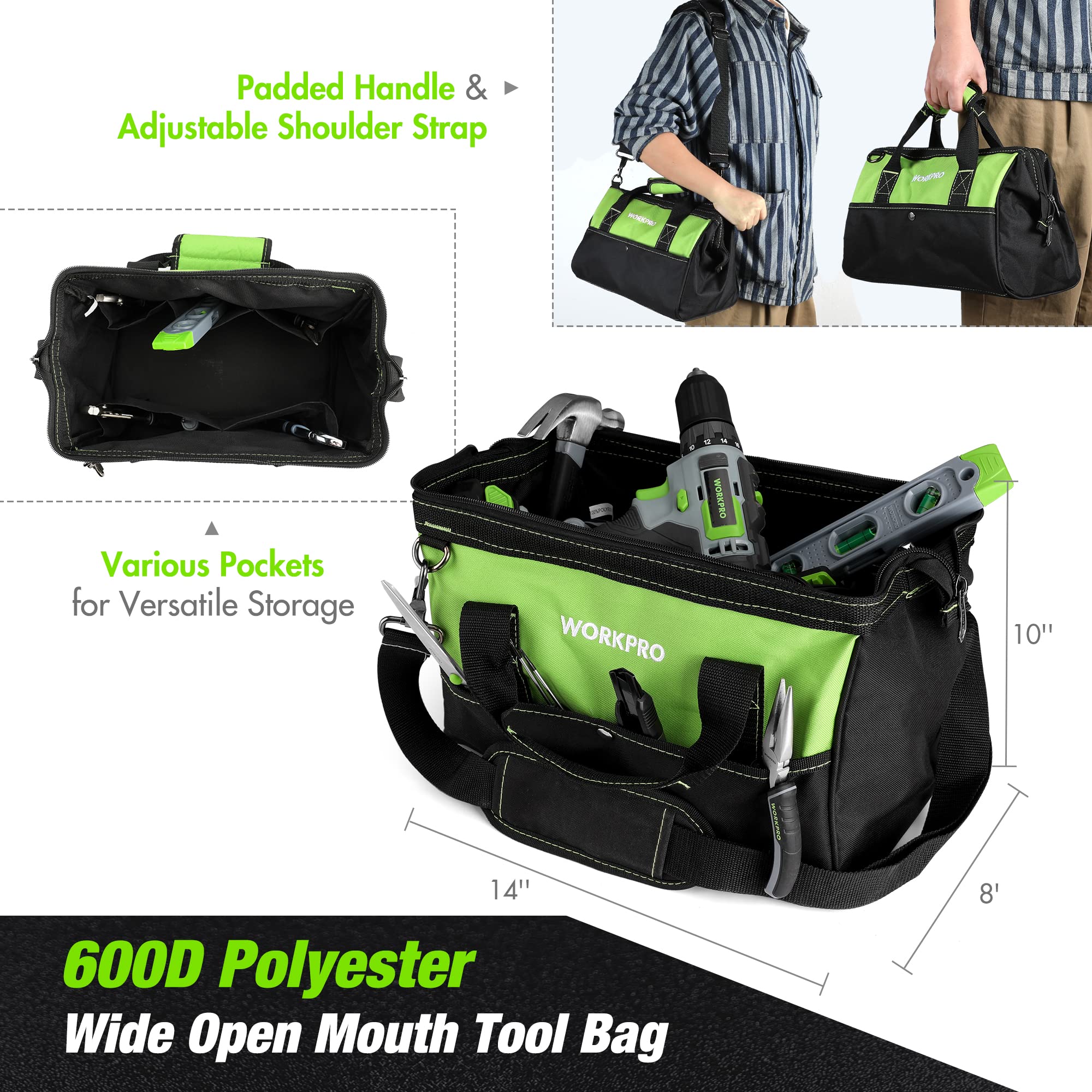 WORKPRO Home Tool Set with 20V Cordless Lithium-Ion Drill Driver, Household Repairing Tool Kit with Drill, 157PCS Power Drill Sets, 14-Inch Wide Mouth Storage Tool Bag, Green