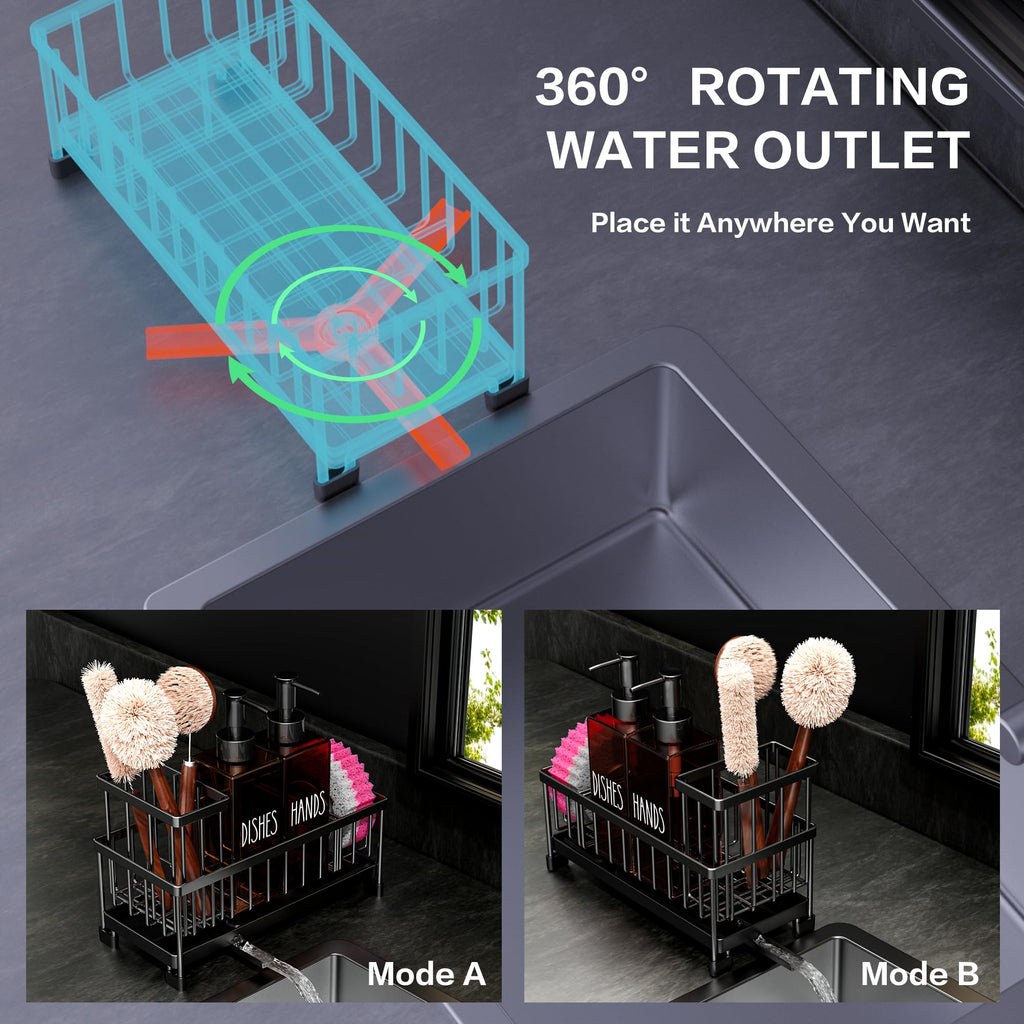 Cisily Juego de dispensador de jabón de cocina con organizador para fregadero, botella de vidrio de 12 onzas, dispensador de jabón para manos y platos con soporte para esponja, accesorios organizadores de fregadero de cocina de acero inoxidable negro
