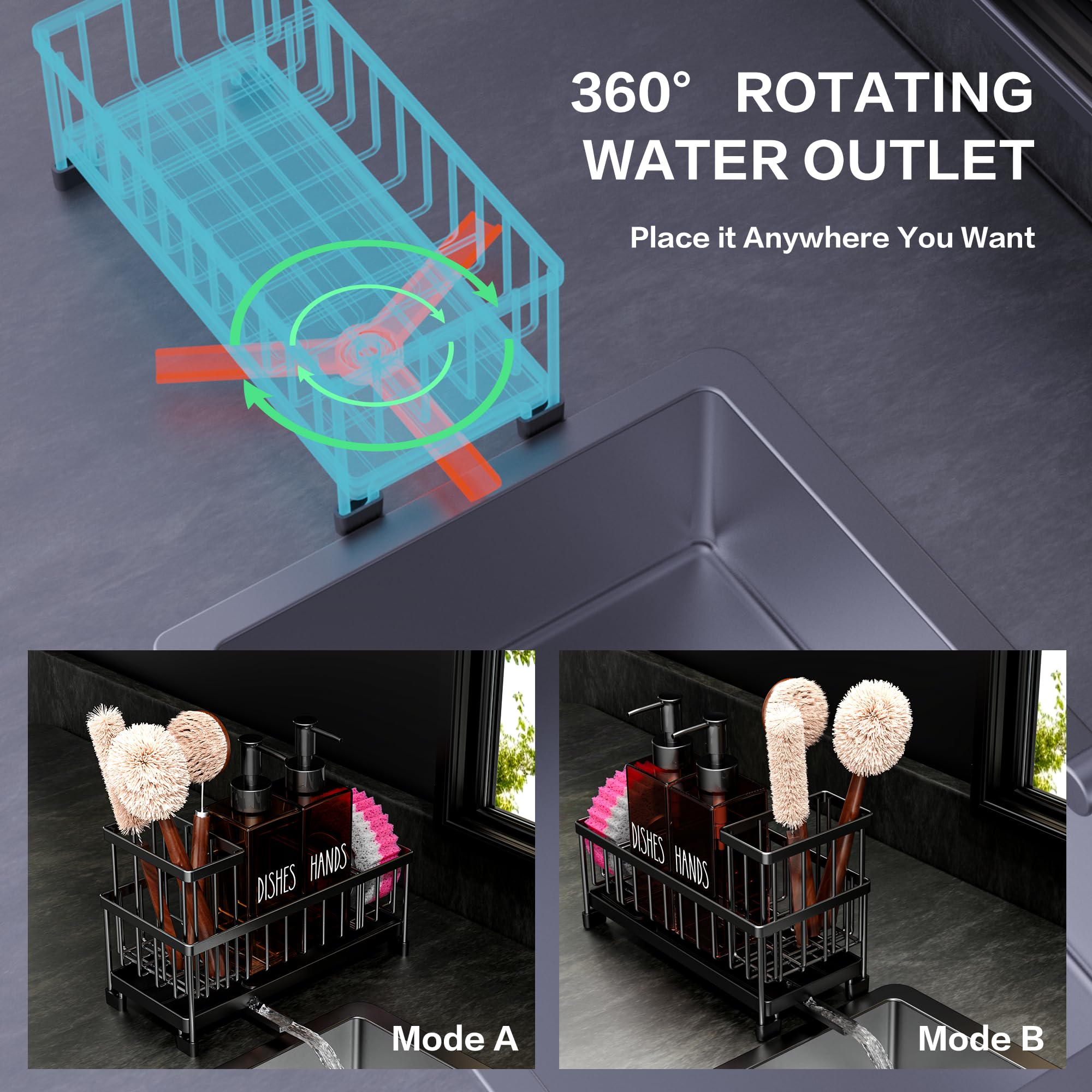Cisily Juego de dispensador de jabón de cocina con organizador para fregadero, botella de vidrio de 12 onzas, dispensador de jabón para manos y platos con soporte para esponja, accesorios organizadores de fregadero de cocina de acero inoxidable negro