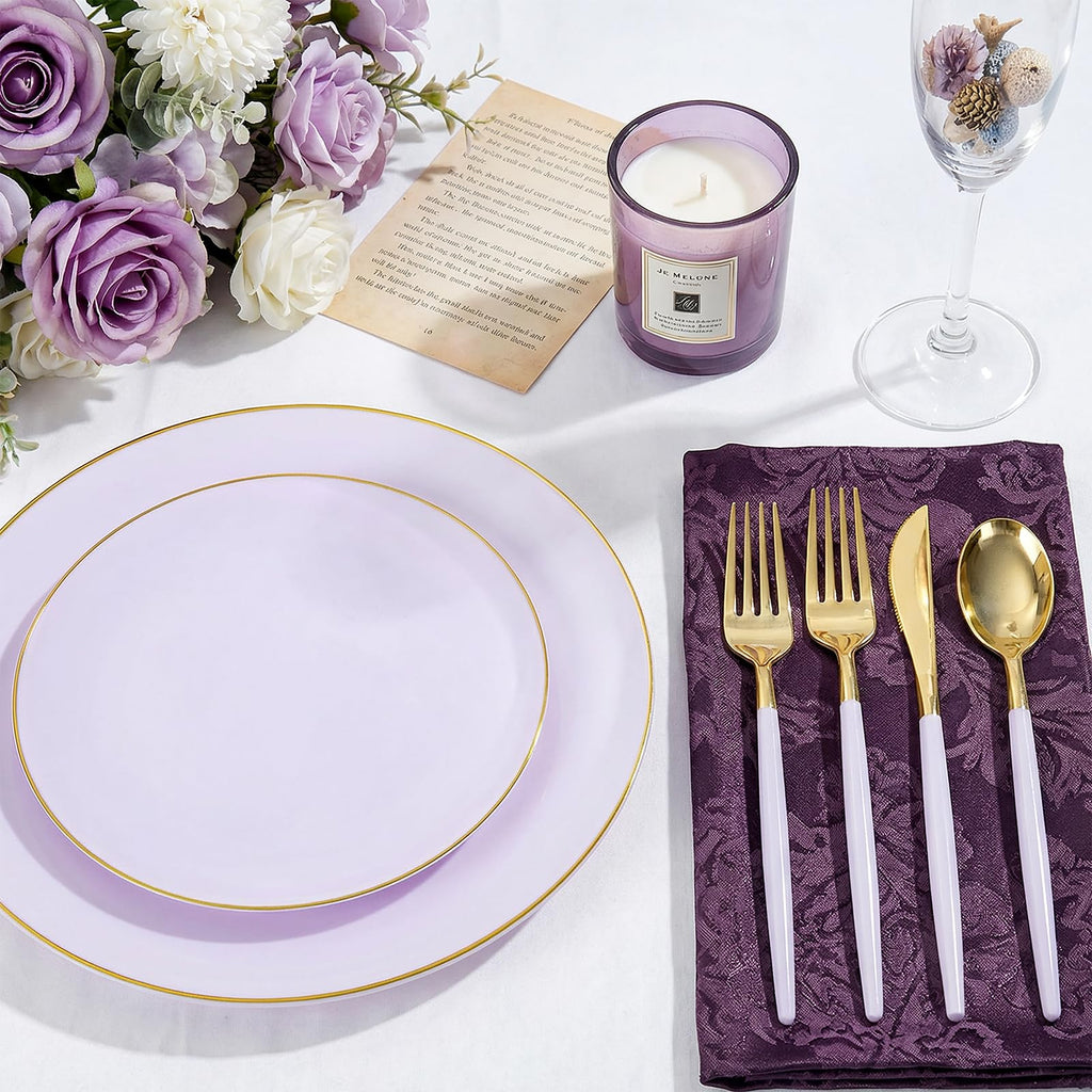 DaYammi 150Pcs Gold Plastic Plates with Disposable Silverware,White Gold Disposable Dinnerware Set - 30 Dinner Plate,30 Dessert Plate,90 Gold Cutlery with White Handles,Fancy Plates for Party Wedding