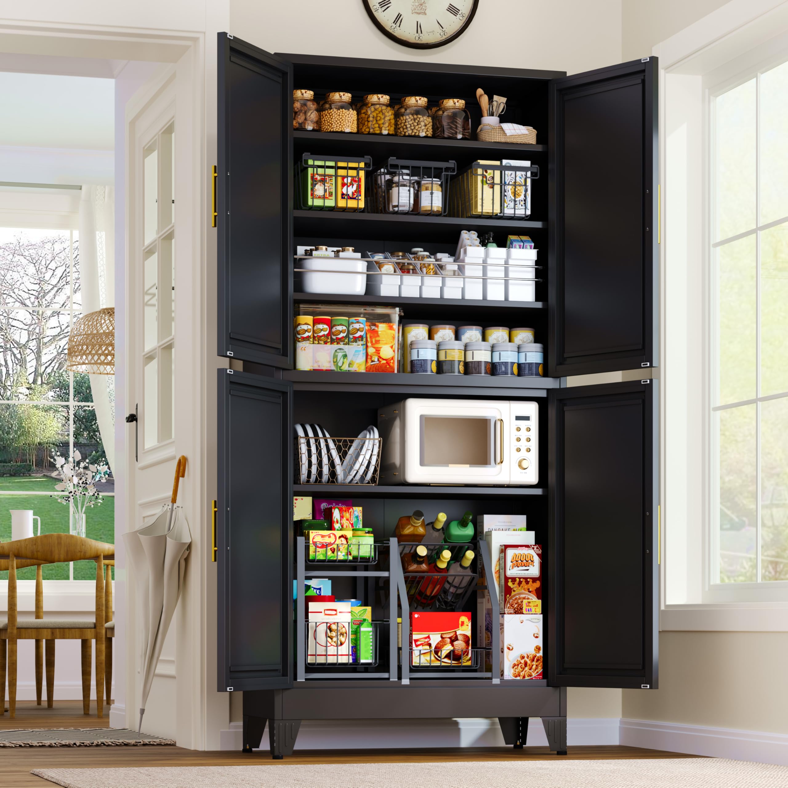 GAIOUS Metal Pantry Cabinet, Kitchen Pantry Storage Cabinets with 2 Door and 3 Adjustable Shelves, White Kitchen Pantry Cabinet, Freestanding Cupboard for Dining Room Living Room Bathroom