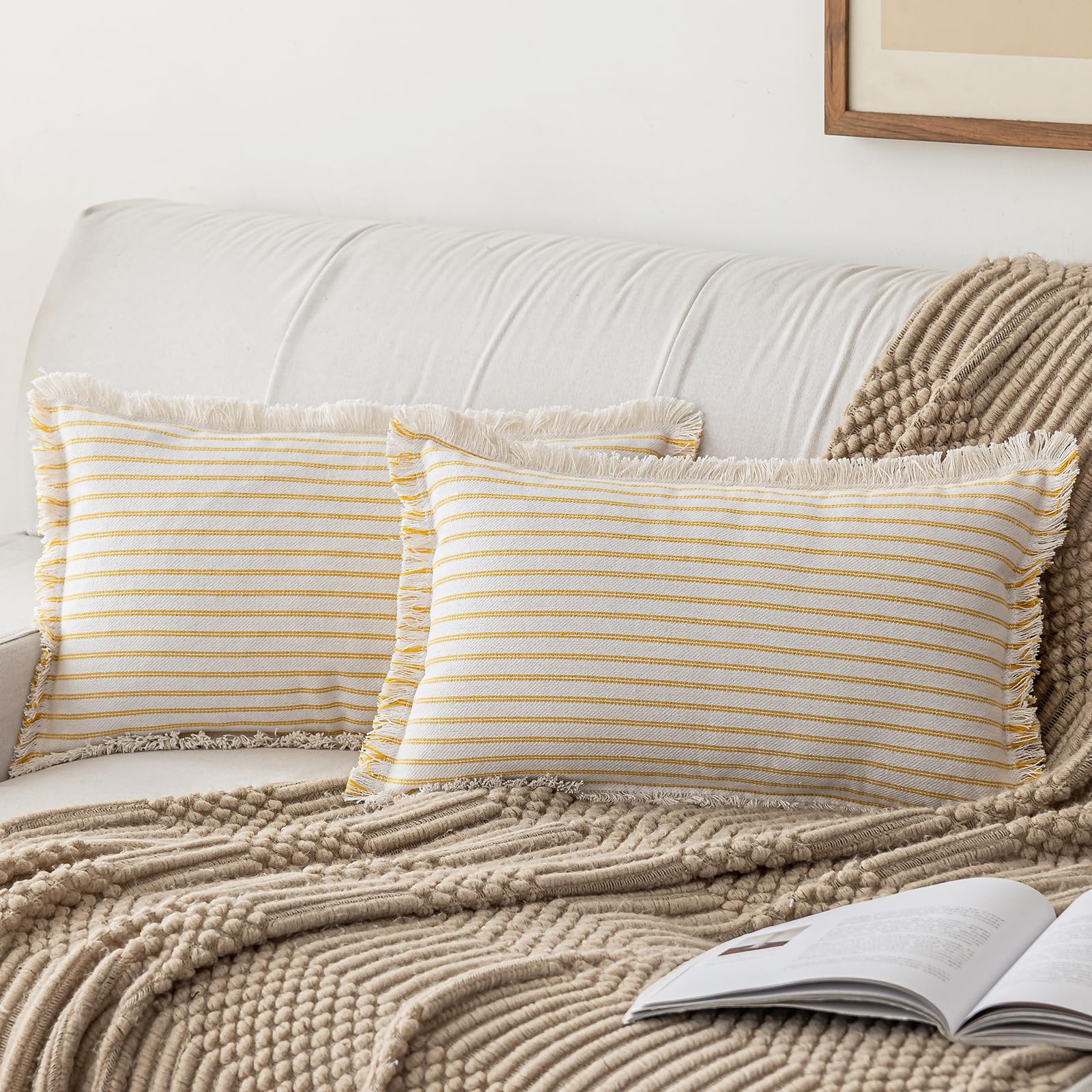 YEENAASY Throw Pillow Covers 20x20 Set of 2 Striped Fringe Pillow Cover Farmhouse Cushion Covers with Tassel Neutral Boho Pillows Decorative Square Pillowcase for Couch Sofa Bed, Black