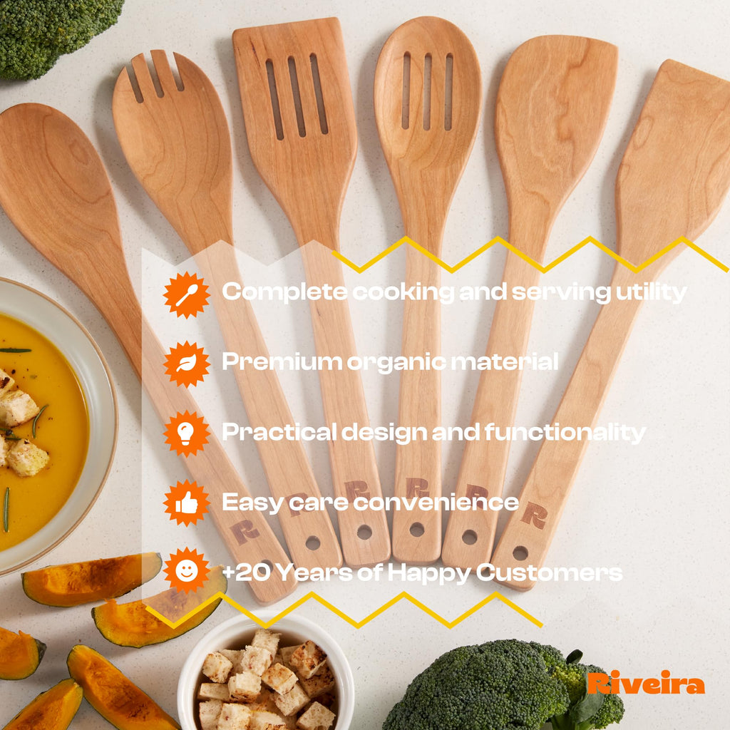 Riveira Dark Bamboo Wooden Spoons for Cooking 6-Piece, Apartment Essentials Wood Spatula Spoon Nonstick Kitchen Utensil Set Premium Quality Housewarming Gifts for Everyday Use