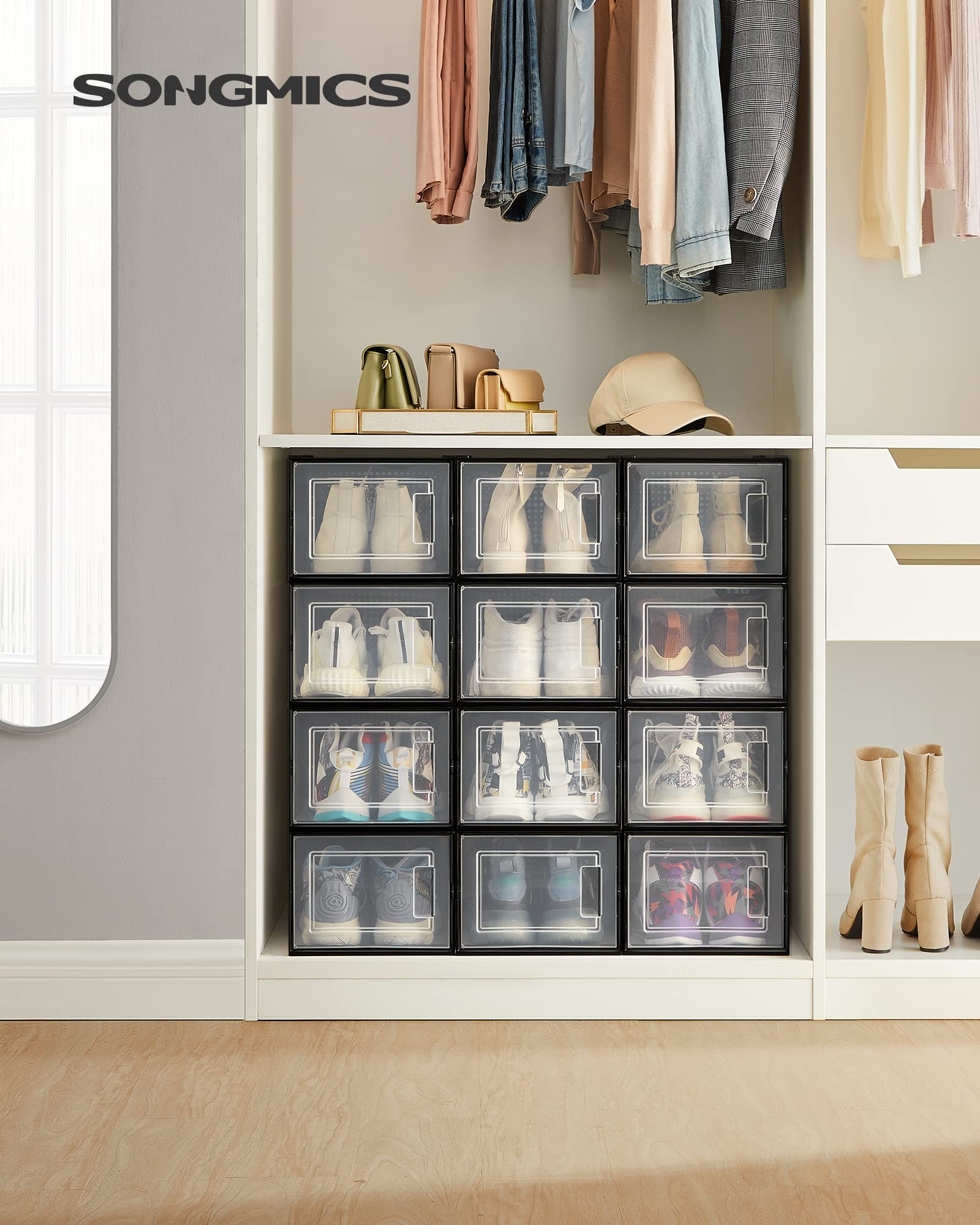 SONGMICS Shoe Boxes, Pack of 12 Shoe Storage Organizers, Stackable Clear Plastic Boxes for Closet, Sneakers, 13.1 x 9.1 x 5.6 Inches, Transparent and White ULSP12SWT