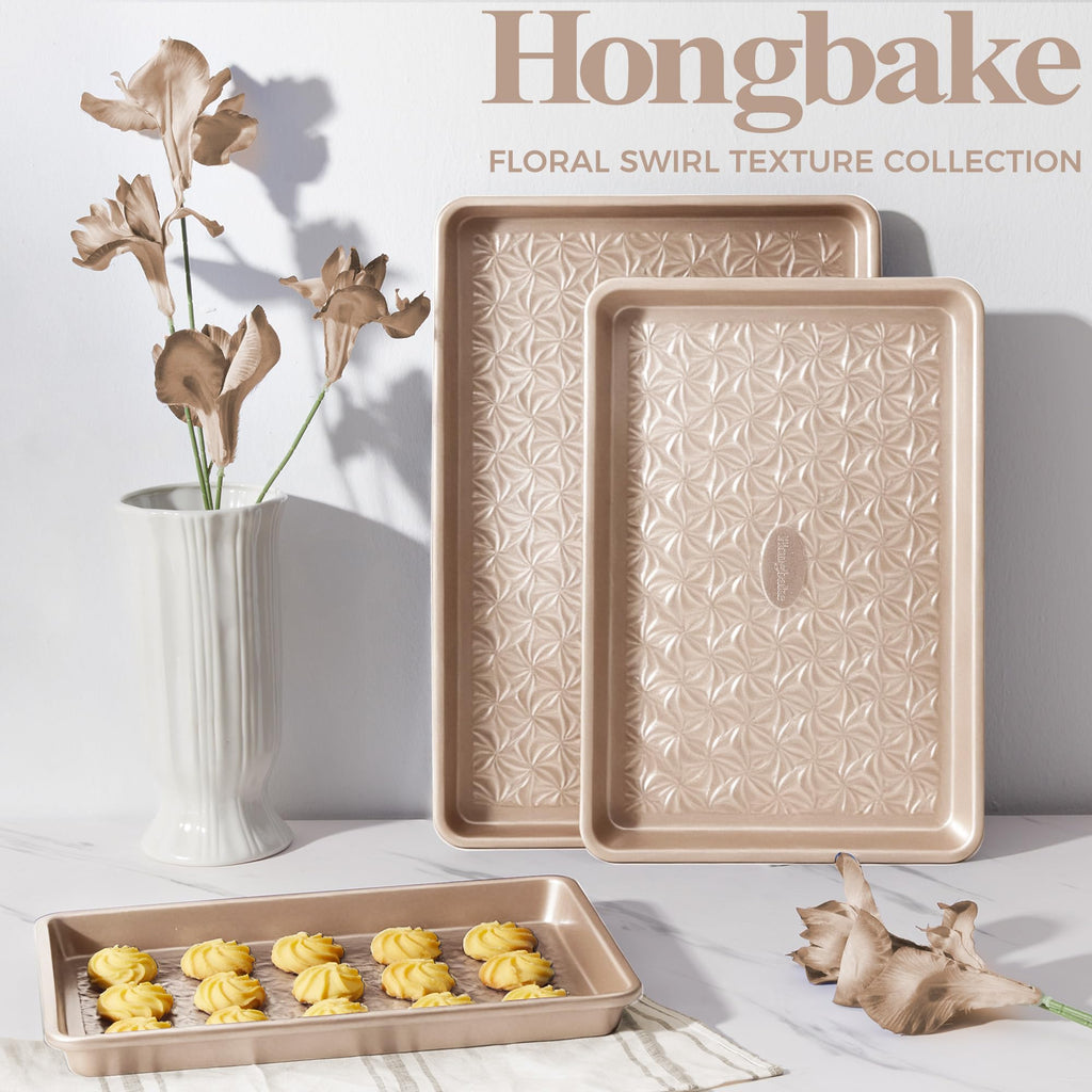 HONGBAKE Nonstick Baking Sheet Pan Set of 3, Cookie Sheets for Oven, Non-Toxic Half/Quarter/Jelly Roll Pans with Floral Swirl Texture, Heavy Duty 0.8mm Thick Oven Trays for Cooking, Dark Gray