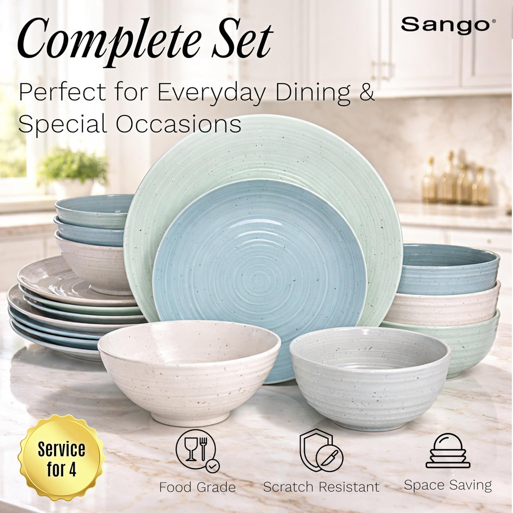 Sango Siterra Painter's Palette 16-Piece Stoneware Dinnerware Set - Service for 4, Ceramic Plates and Bowls Sets, Chip Resistant, Rustic Dishware, Microwave & Dishwasher Safe Kitchen Dishes